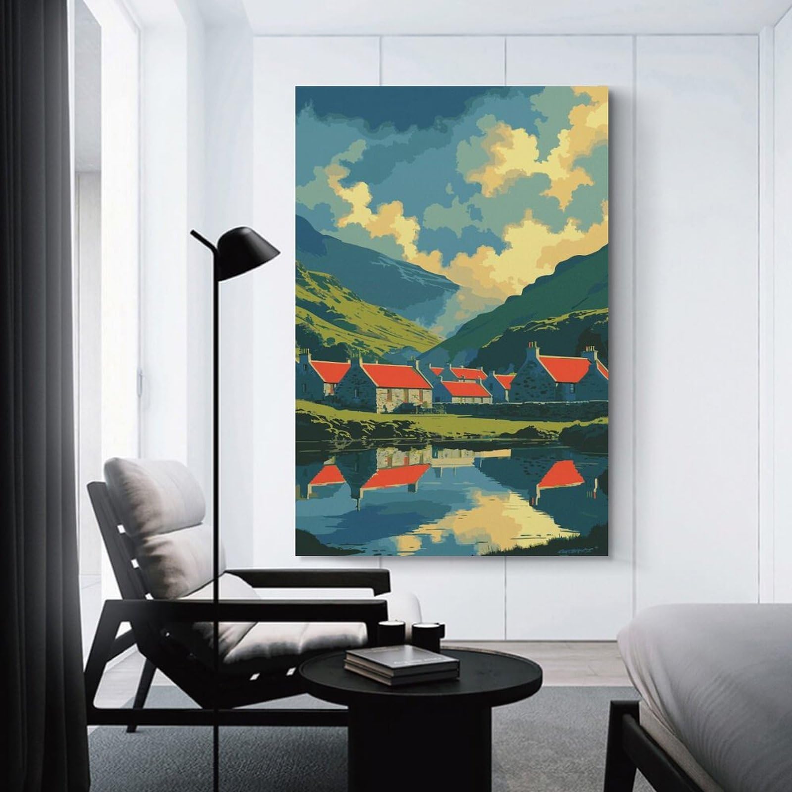 Junmoney Idyllic Village Landscape with Lake Reflection Canvas Wall Decor 20x30inch(50x75cm), for Home Lounge, Bedroom Or Reading Nook, A Home Accent with Warm Character