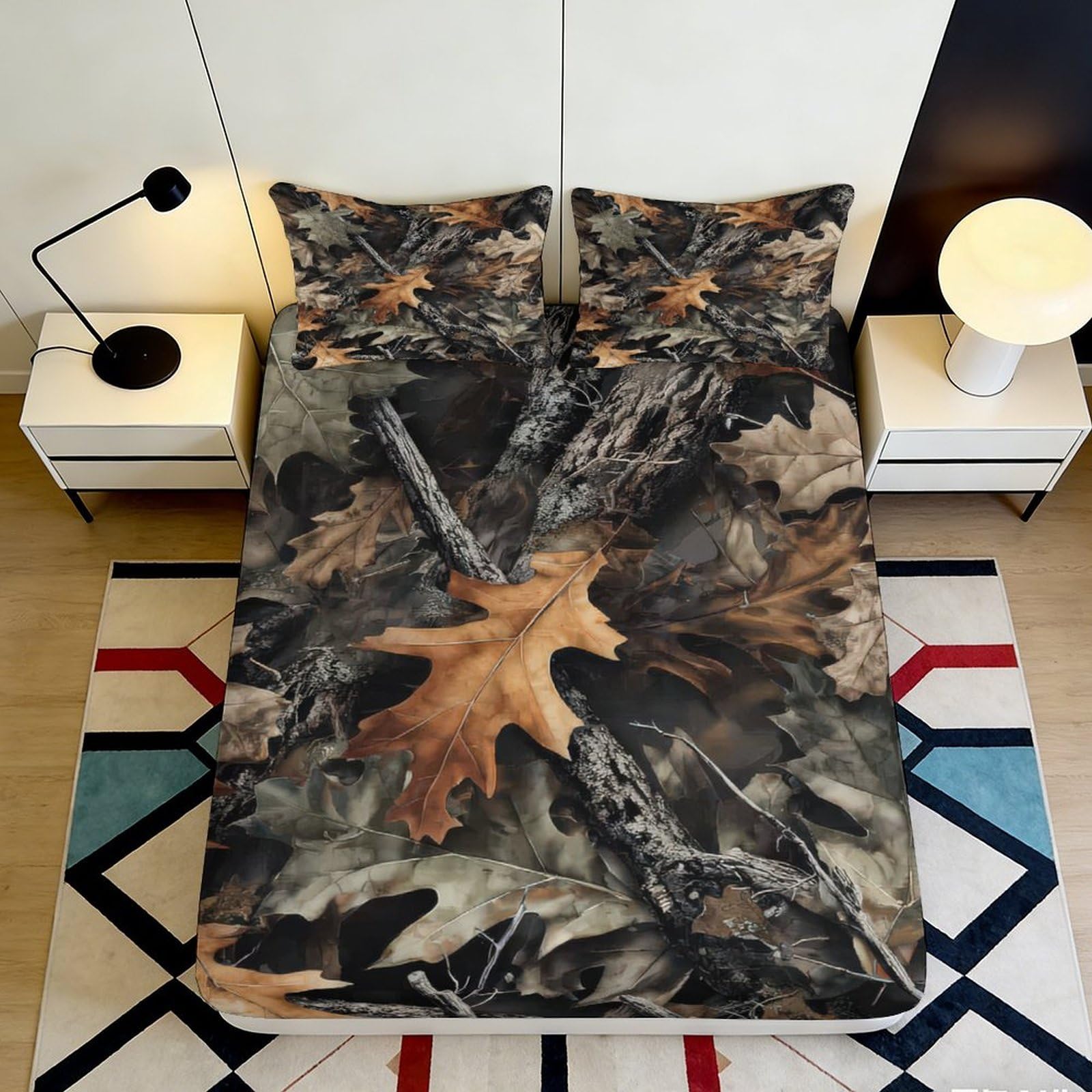 3D Printed Autumn Leaves Fitted Sheet Microfiber Soft Breathable Forest Camouflage Mattress Cover for Bedroom Dorm Decor 200x200x25cm