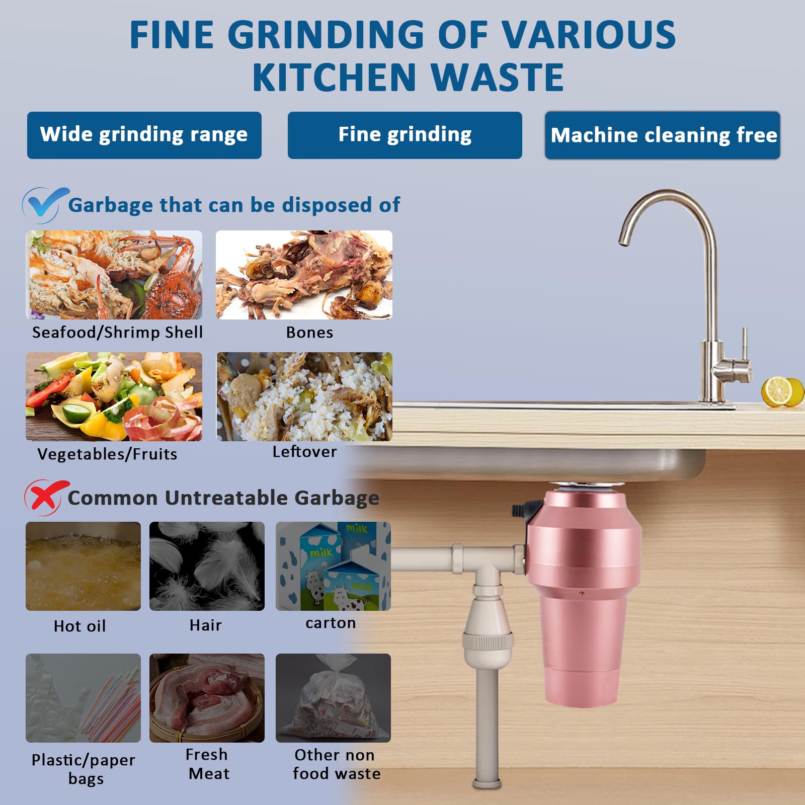 BAOSHISHAN Unidad de Eliminación de Residuos de Comida con Interruptores Inalámbricos 1200ML Unidad Trituradora de Residuos para Fregadero, 6 Niveles de Trituración