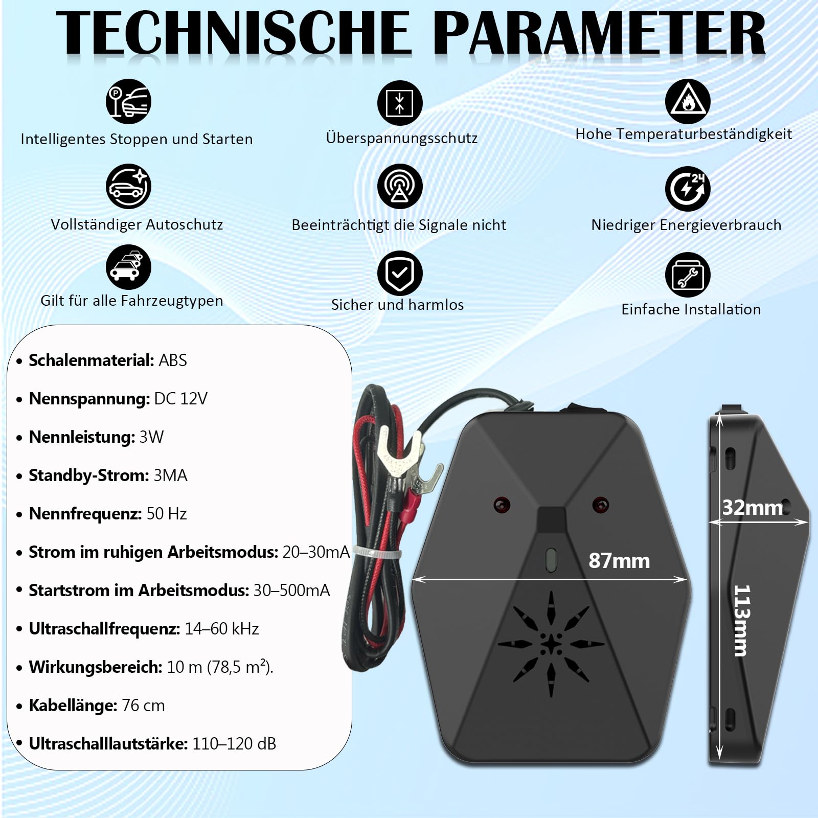 Warmfay Lot de 2 répulsifs anti-martres pour voiture - 2 modes avec ultrasons et flash multifonction - Répulsif efficace contre les martres - Connexion de batterie de voiture 12 V - Appareil de