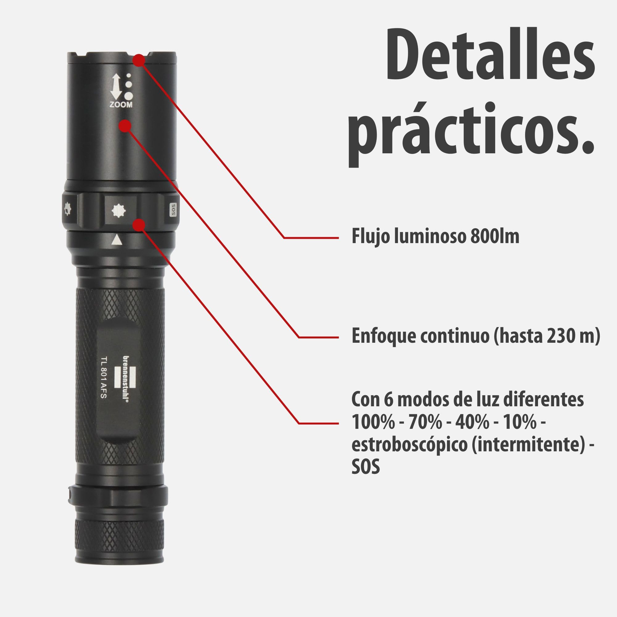 Brennenstuhl Linterna LED recargable con selector de foco TL 801 AFS IP44 (800lm, 230m, enfocable, máx. 42h, 6 modos incl. SOS y estroboscópico, Lámpara para exteriores IP44 incl. cable USB C)