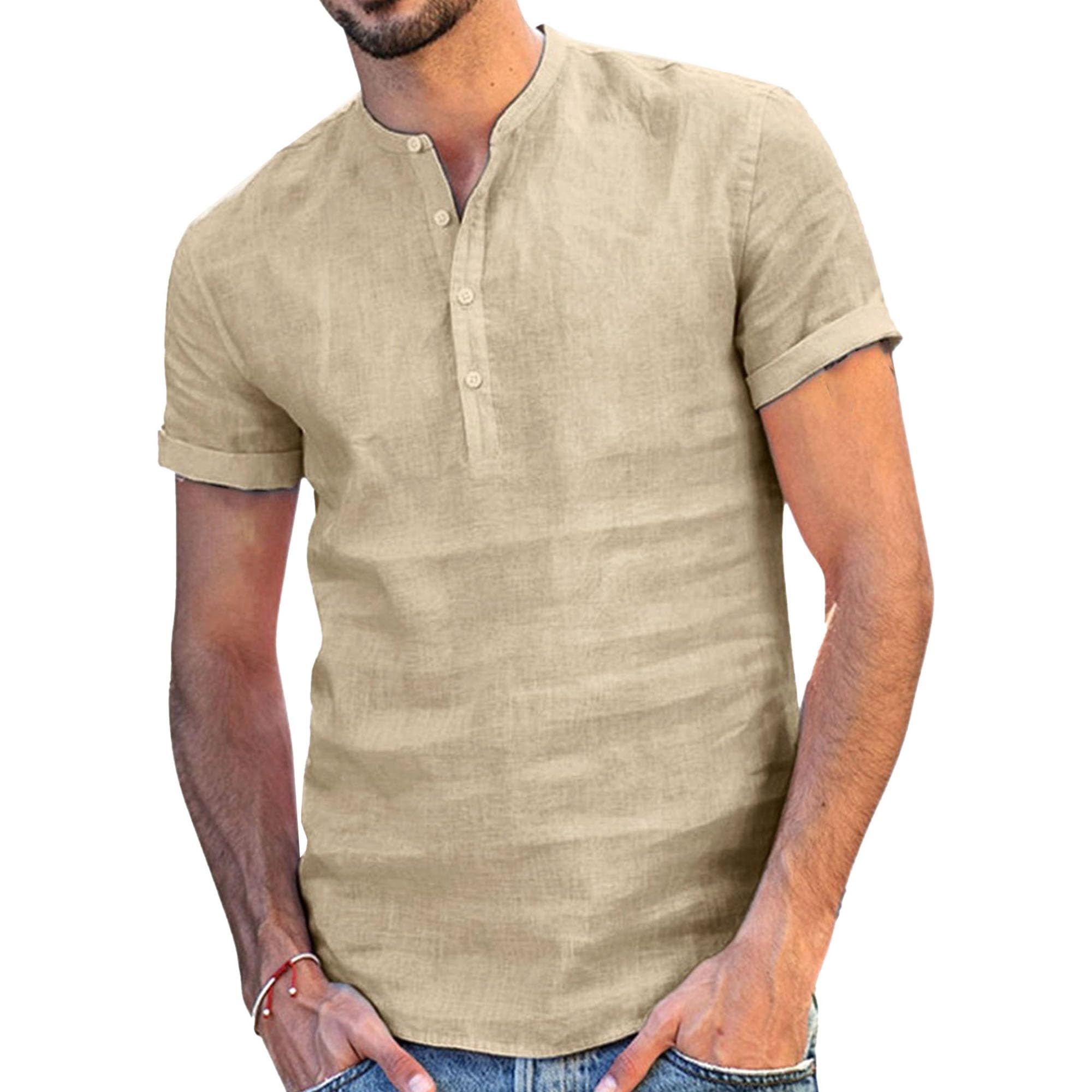 Men Solid Stand Collar Street Shirts Normal Thin Cotton Linen Cool T Shirt Summer Quarter Button Pullover Tops (Khaki,X-Large)