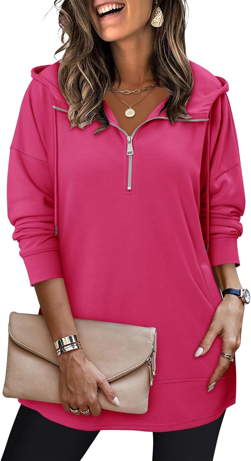 onlypuff Women Hoodie Pullover Trendy Quarter Zipper Lapel Sweatshirts Drawstring Cute Hooded Tunic Tops with Side Pockets - Image 3