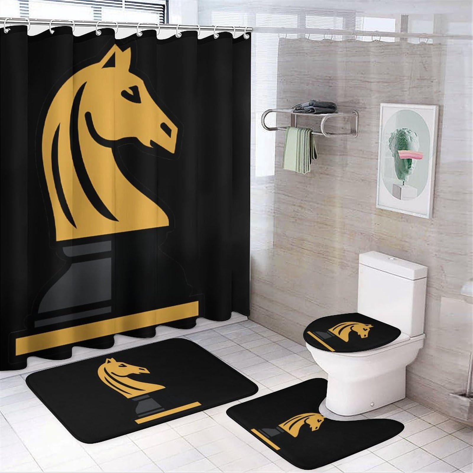 CGSBNGHA Horse Chess-Piece-Knights Shower Curtain Set 4 Piece Bathroom Sets with Rugs Toilet Lid Cover And U-Shaped Floor Mat