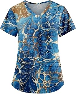 Scrub Top Print, Plus Size Scrubs for Women Short Sleeve Summer Fashion Work Cotton V Neck Pocket Scrubs