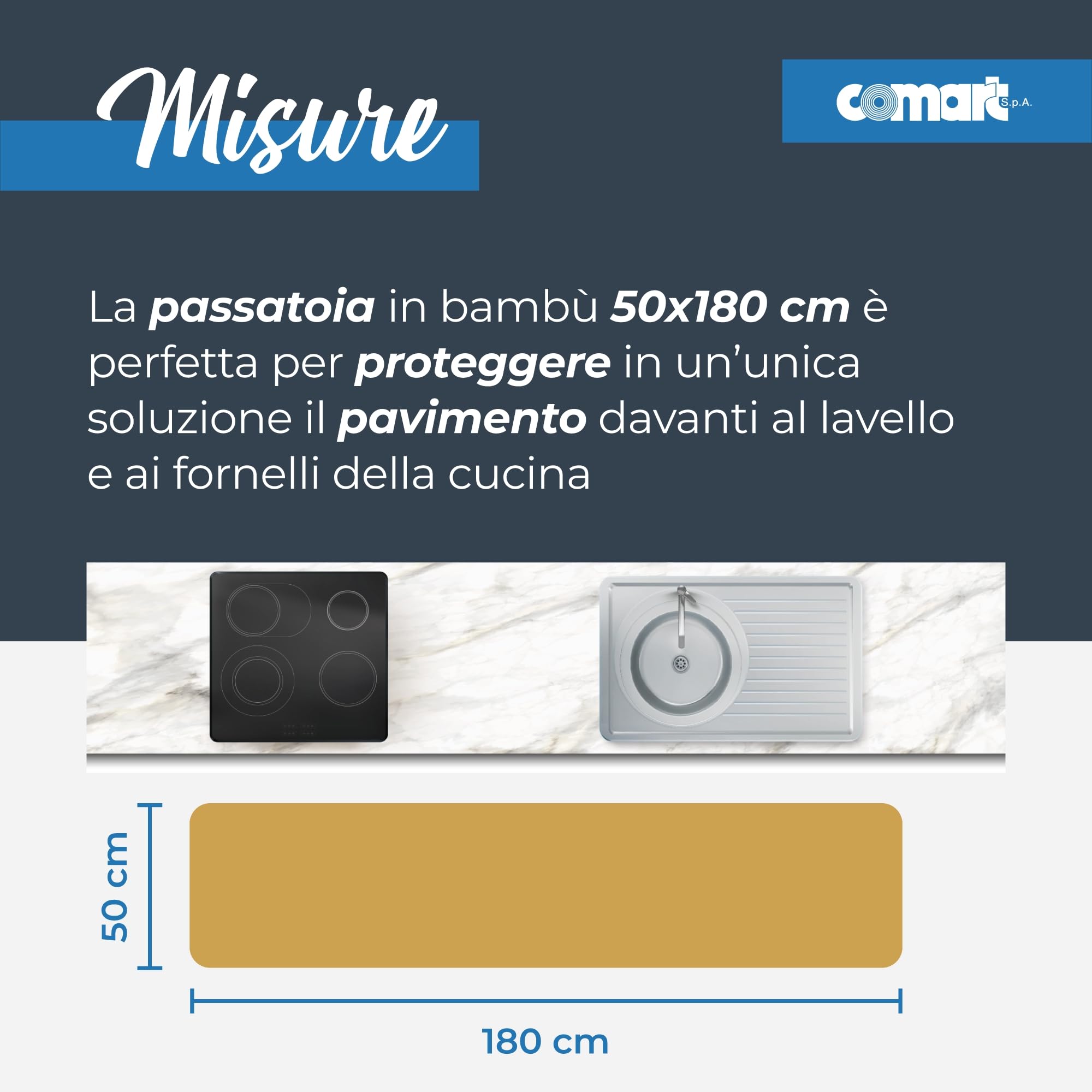 Comart - Tappeto Cucina Bamboo - 50x180 cm - Fondo Antiscivolo - Lavabile - Bambù Naturale Trattato - Resistente agli Schizzi - Passatoia Multiuso - Effetto Legno Opaco - Sbiancato - Washed Grigio