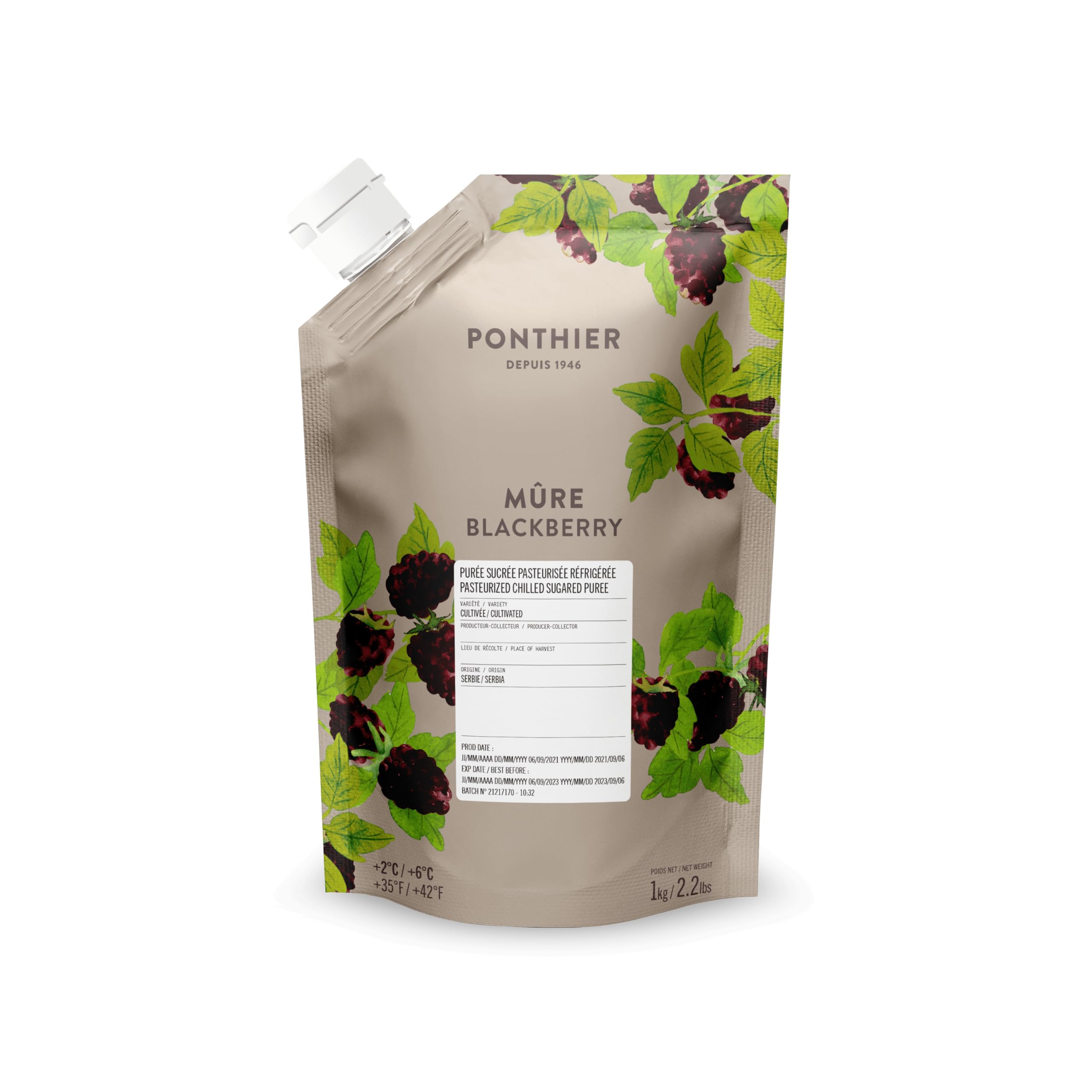PONTHIER Brombeer Püree 1 kg – gekühltes Beeren-Fruchtpüree mit 90% Brombeeren, für Sorbet, Eis, Smoothies, Desserts, Cocktails & Gastronomie