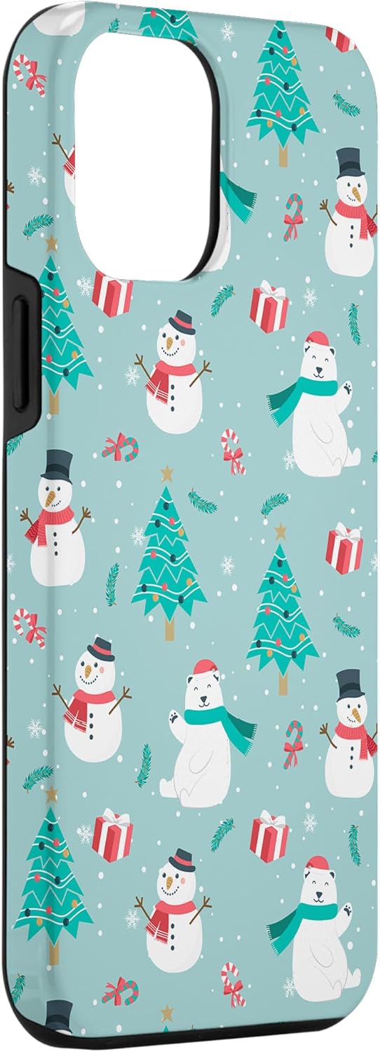 iPhone 14 Pro Max Polar Bear Snowman Tree Christmas Design Green Phone Cover Case