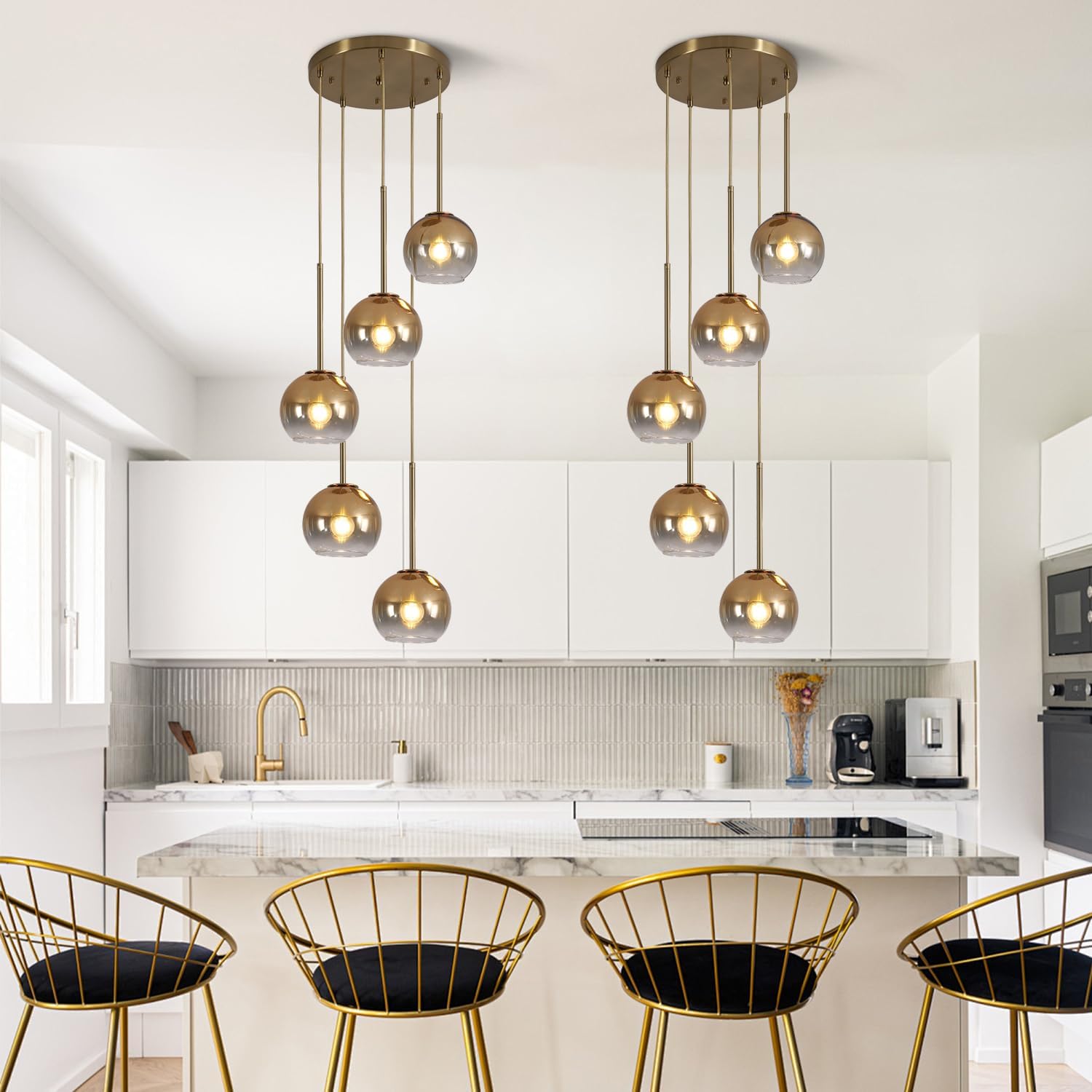 KCO Lighting 5 Light Cluster Pendant Lighting Gold Glass Pendant Light Mid Century Modern Dining Room Light Fixture Small Globe Cluster Chandelier Light Fixture