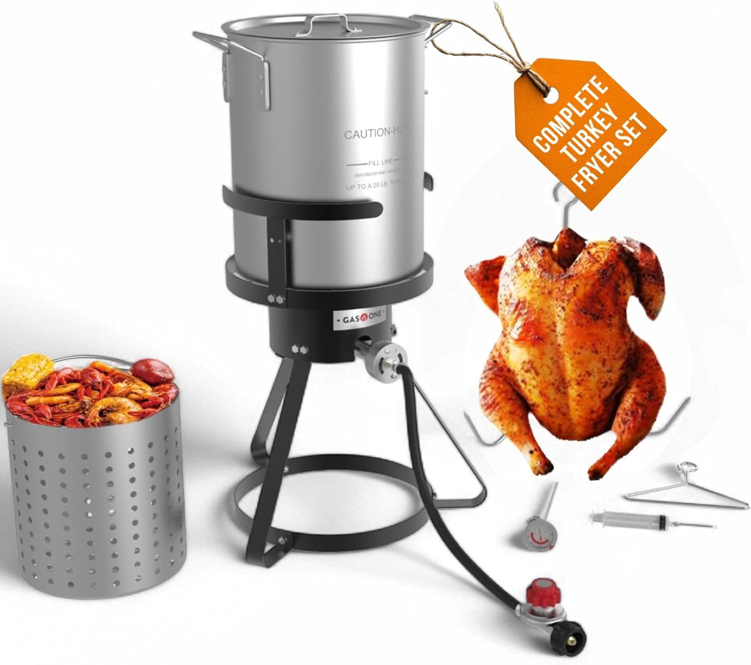 gasone 30qt turkey fryer set and seafood boil with propane gas burner, perforated basket – perfect outdoor cooker for crawfish, crab, shrimp, lobster, and frying – complete outdoor cooking kit