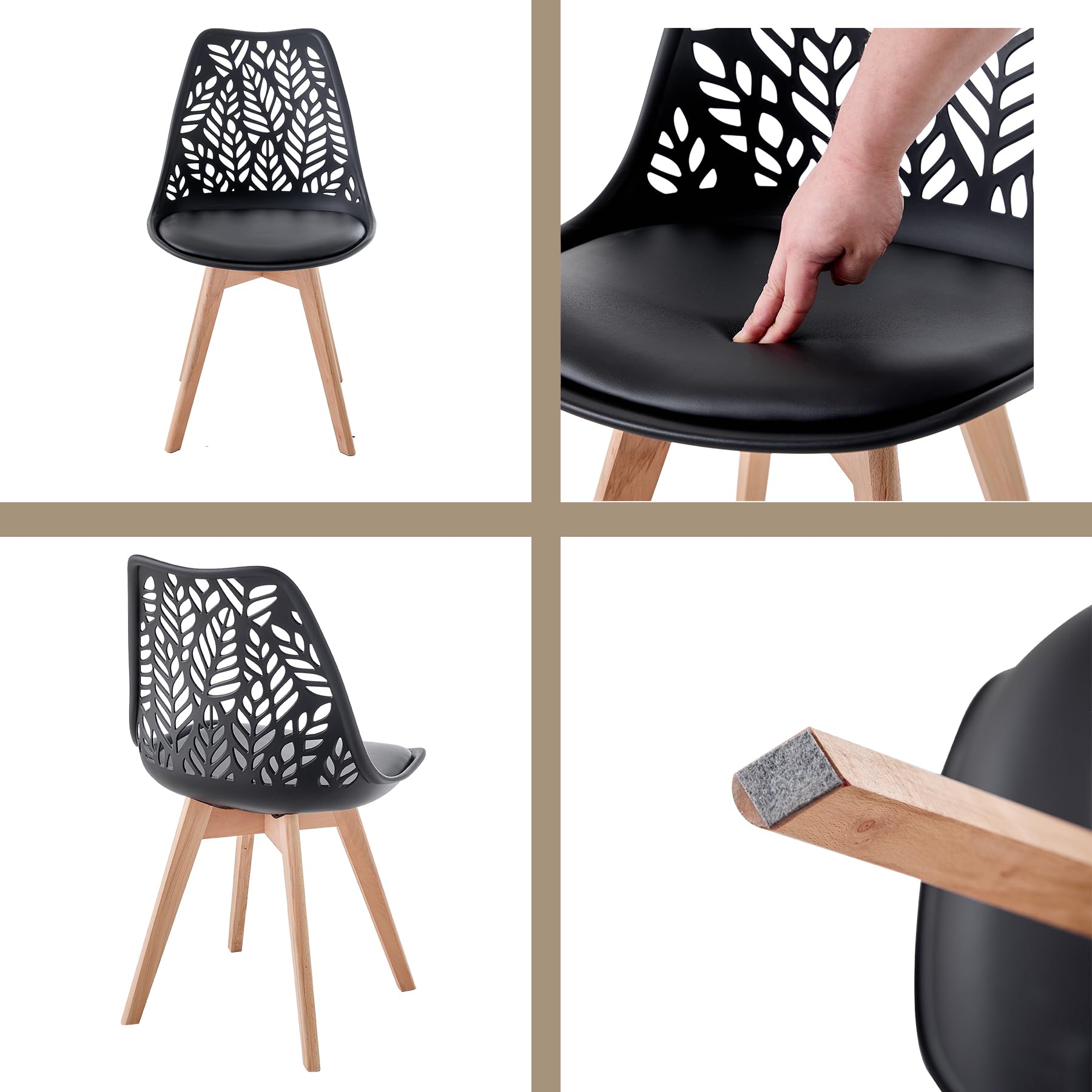 Lot de 6 chaises de Salle à Manger de Style Nordique Chaises de Cuisine aux Pieds en Bois Massif,Dossier ajouré et revêtement en Similicuir pour salles à Manger, Cuisines et Salons,Blanc