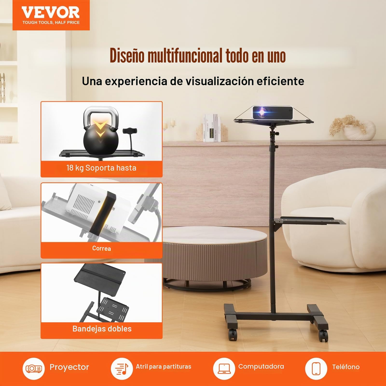 VEVOR Soporte para Proyector con Ruedas Soporte de Suelo para Proyector con Altura Ajustable de 580-1455 mm Soporte para Proyector con 2 Bandejas para Películas al Aire Libre, Hogar, Oficina, Negro