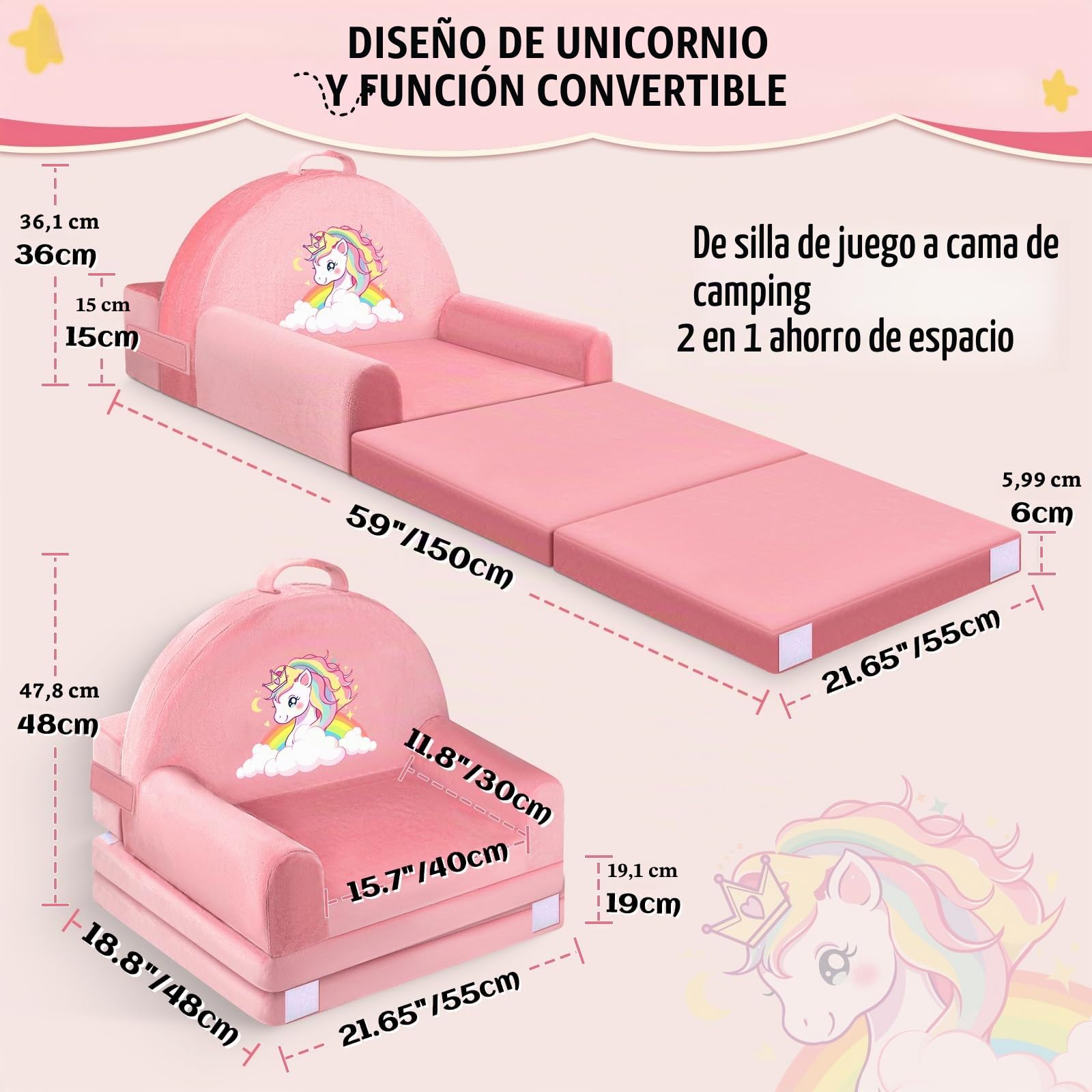 Sofá Infantil, 2 en 1 Silla Plegable para niños, 150cm Suave sofá de Terciopelo de Cristal para los niños pequeños para el Dormitorio, Sala de Estar