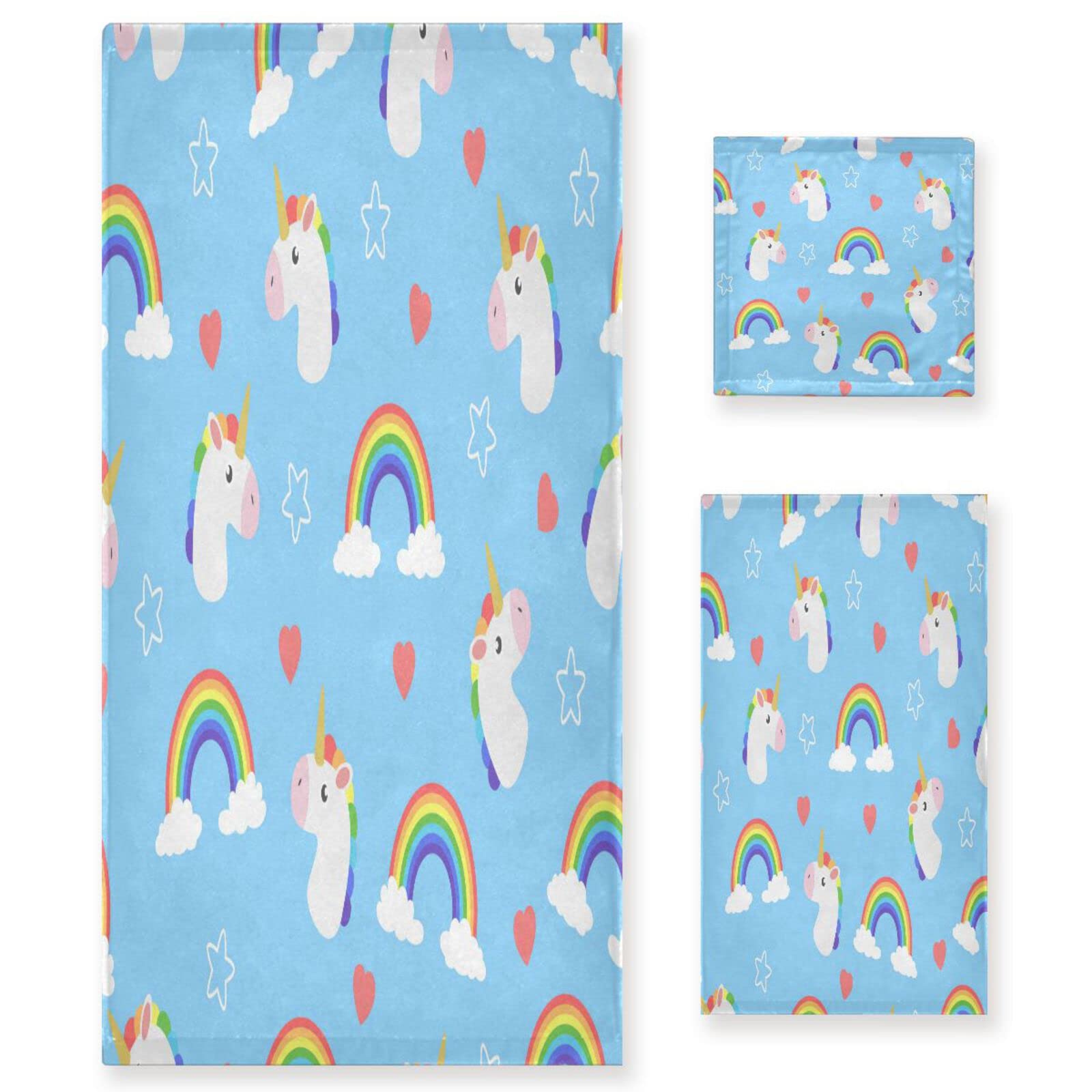 Unicornios Arcoíris Lindas Azules Juego de Toallas para Baño Playa 100% Algodón de Piscina Toalla (1 Toalla de Baño y 1 Toalla de Mano y 1 Paño de Lavado) para Nadar Hotel Niñas Niños Niños