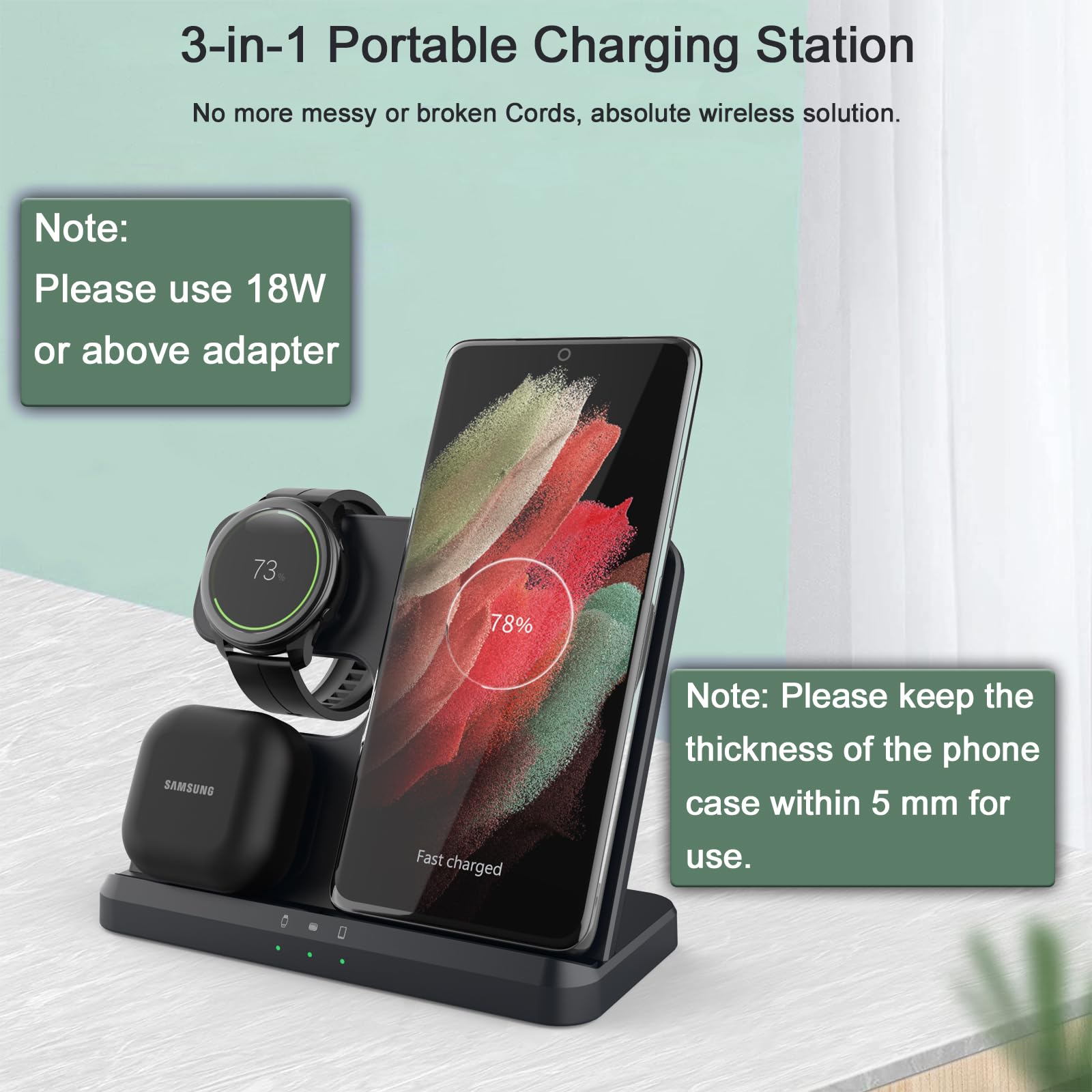 Base de Carga inductiva para Samsung, Cargador inalámbrico 3 en 1 para Galaxy Watch 5/5 Pro/4/3/Active 2/1 Cargador para Samsung Galaxy S24 Ultra S23 S22 S21 Z Flip Z Fold 5 4 Galaxy Buds