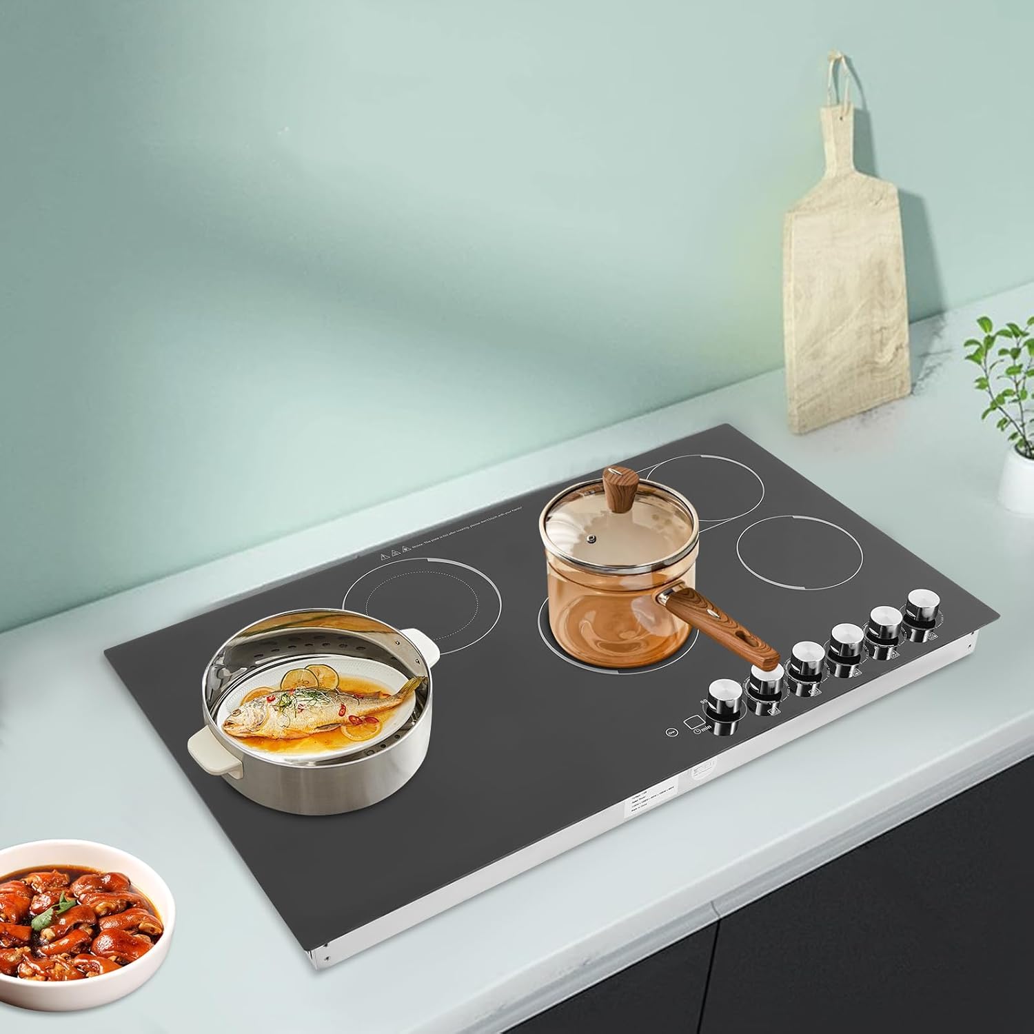 35"x20" Built-in Electric Stove with 5 Burners, Touch Control, Child Lock, Timer, 4800W Hardwired Ceramic Cooktop, Modern Kitchen Cooker Hob, 110V