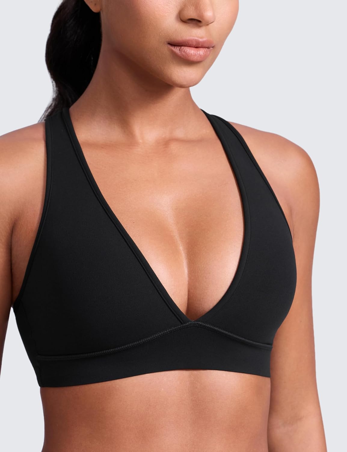 CRZ YOGA Butterlift Deep V Neck Sports Bras for Women - Padded Gym Wide Straps Cut-Out Cross Back Crop Pilates Workout Top