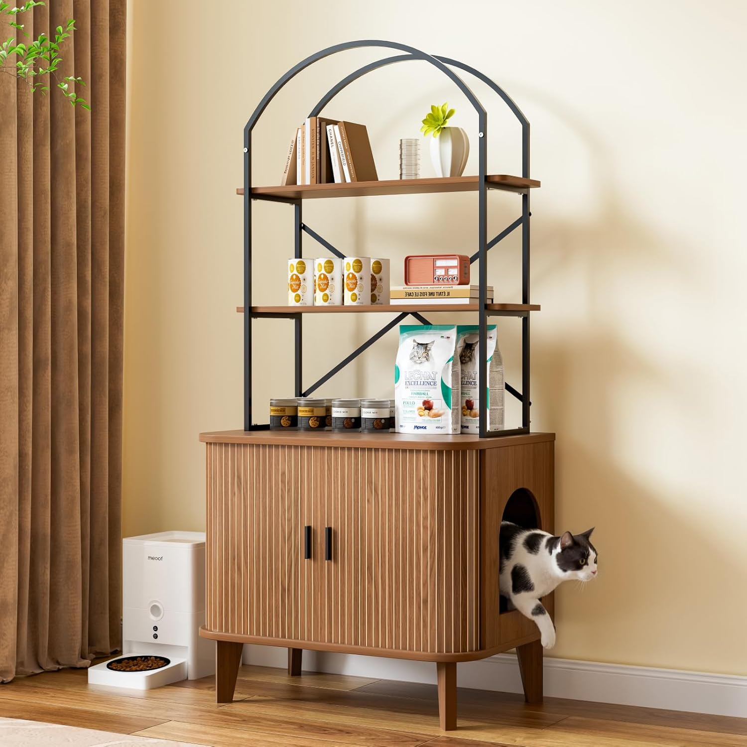 31.5" Cat Litter Box Enclosure,Hidden Litter Box Furniture with Shelves,Wooden Cat Washroom and Pet House with Sliding Tambour Door for Living Room,Walnut