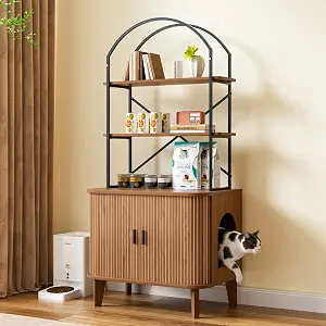 66" Cat Litter Box Enclosure with Shelves and Sliding Door, Walnut
