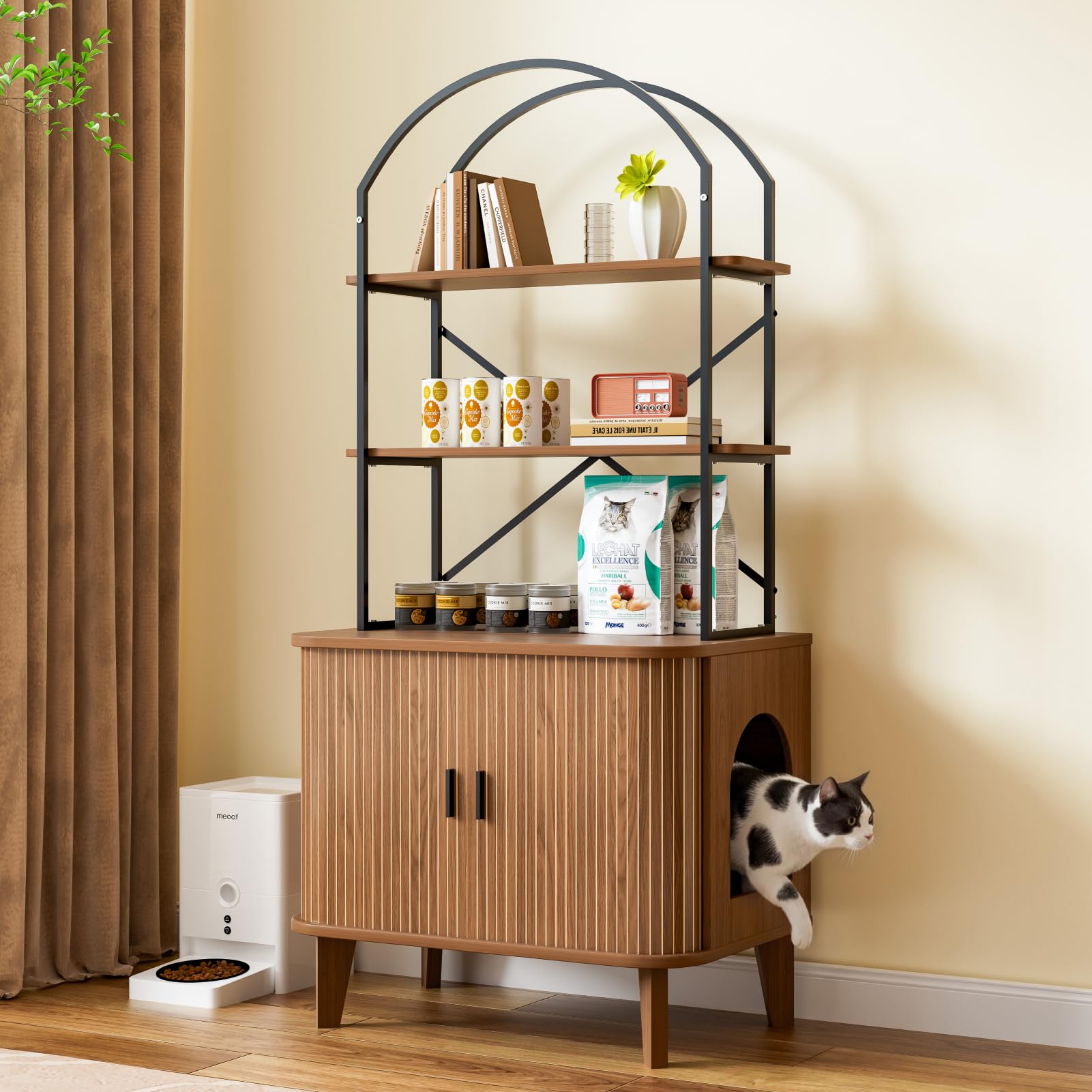 31.5" Cat Litter Box Enclosure,Hidden Litter Box Furniture with 2-Tier Storage Shelves,Wooden Cat Washroom and Pet House with Sliding Tambour Door for Living Room,Walnut