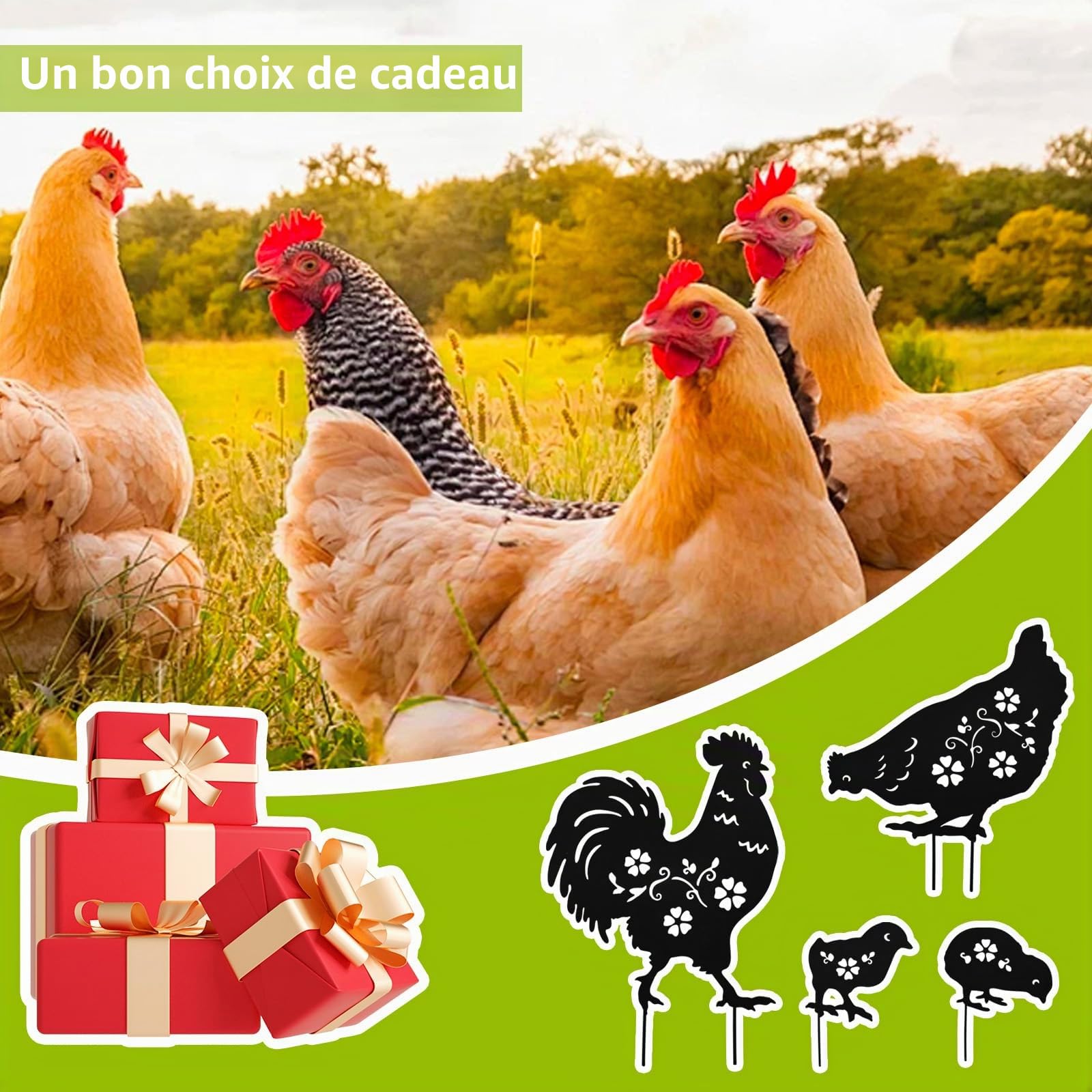 Lot de 4 décorations de jardin en métal, décoration de coq, cadeaux pour dames et messieurs, silhouette de coq noire, statues pour l'extérieur, jardin, cour, terrasse
