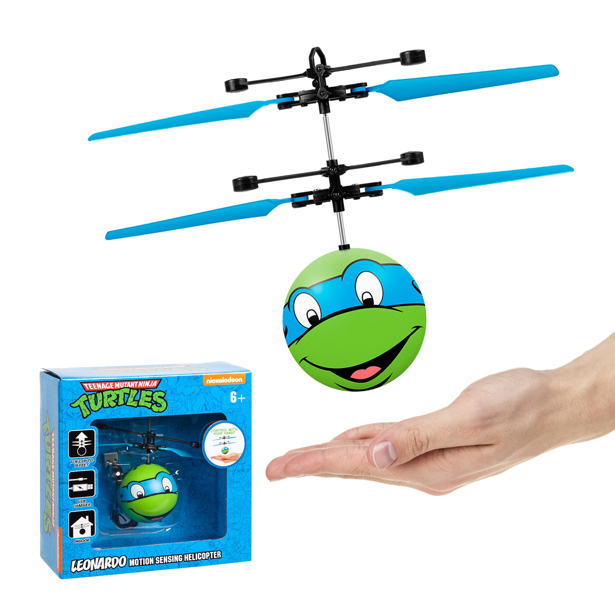 World Tech Toys Ninja Turtles Leonardo Flying Toy – Motion Sensing Flying Ball with USB Charging - TMNT Licensed - Indoor/Outdoor Drone for Kids Ages