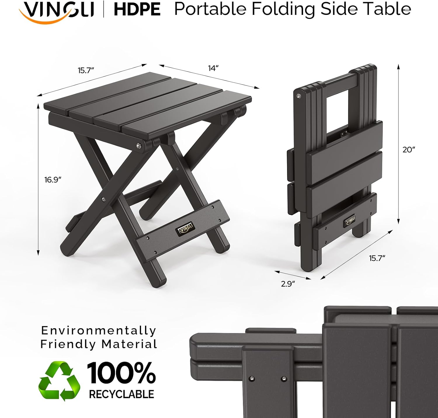 VINGLI Small HDPE Folding Side Table, Plastic Waterproof Portable Adirondack Coffee End Tables, All Weather for Patio, Backyard, Pool, Indoor Use, Slats Style, Black