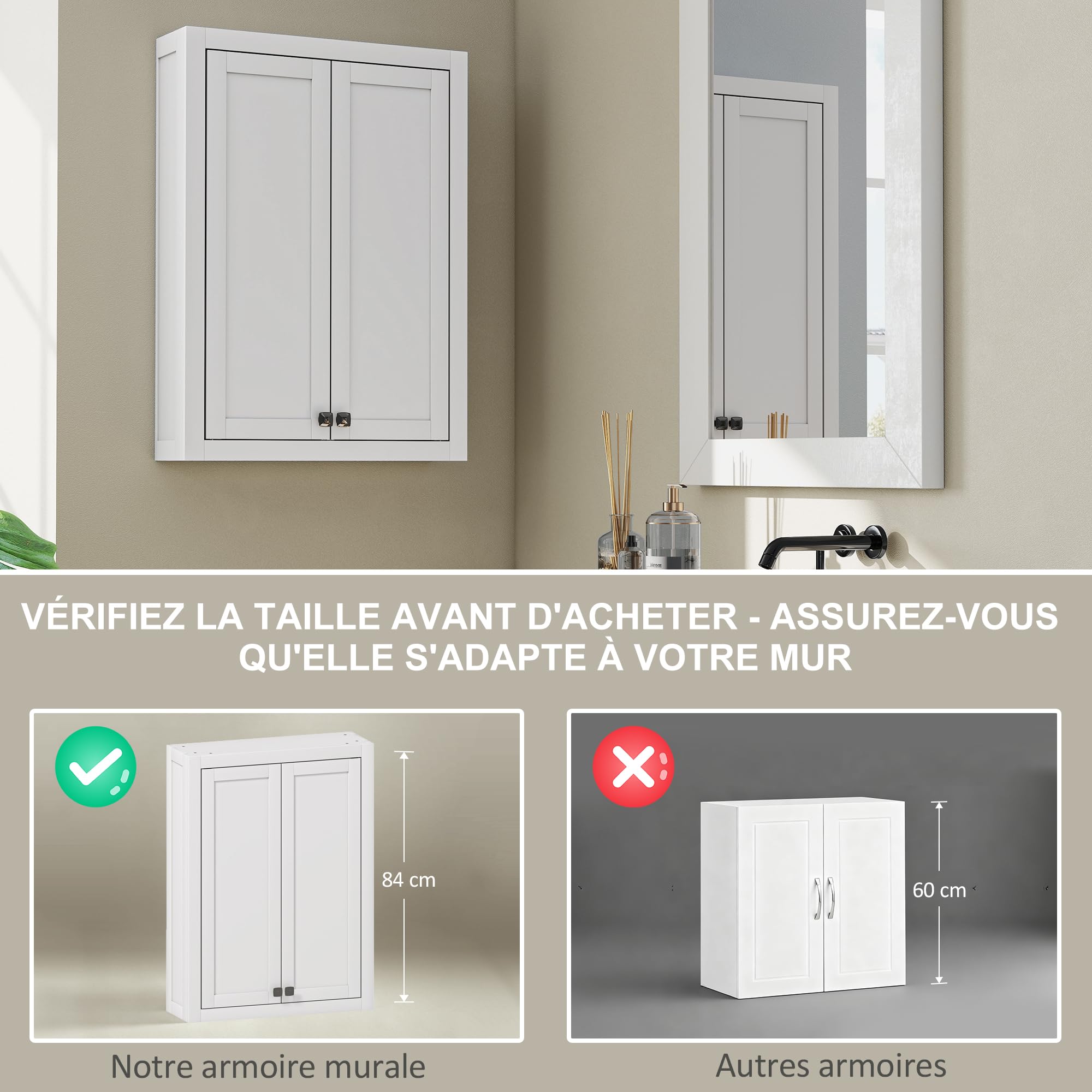 HOMCOM Armoire Murale de Salle de Bain 3 Niveaux, Meuble de Rangement Suspendu pour Salle de Bains avec 2 Portes et étagère réglable, Meuble WC Suspendu, 61 x 20 x 84 cm, Blanc