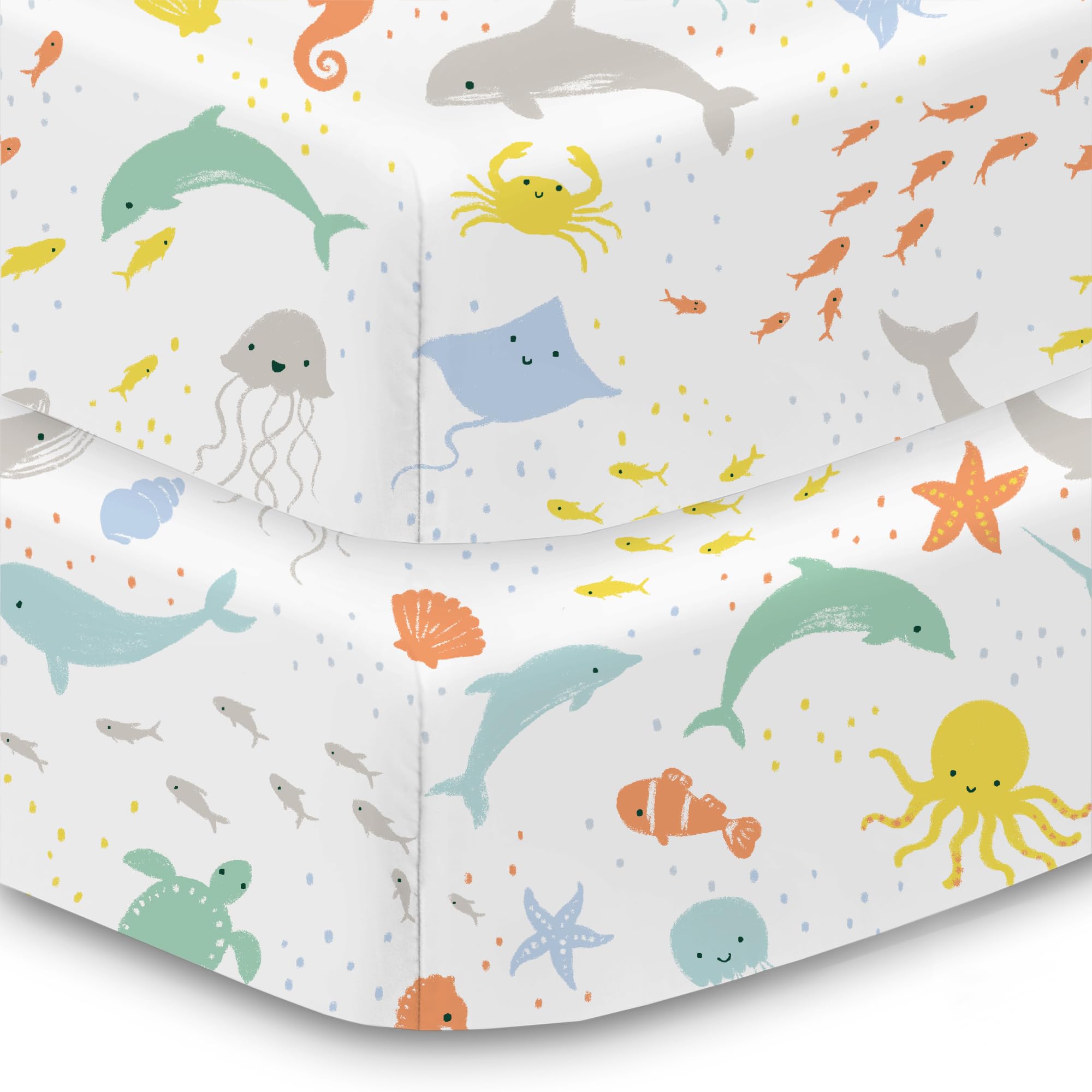 BreathableBaby Cotton Percale Fitted Sheet, for 52" x 28"/132 x 71 cm Crib & Toddler Bed Mattress, Sea Life (2-Pack)