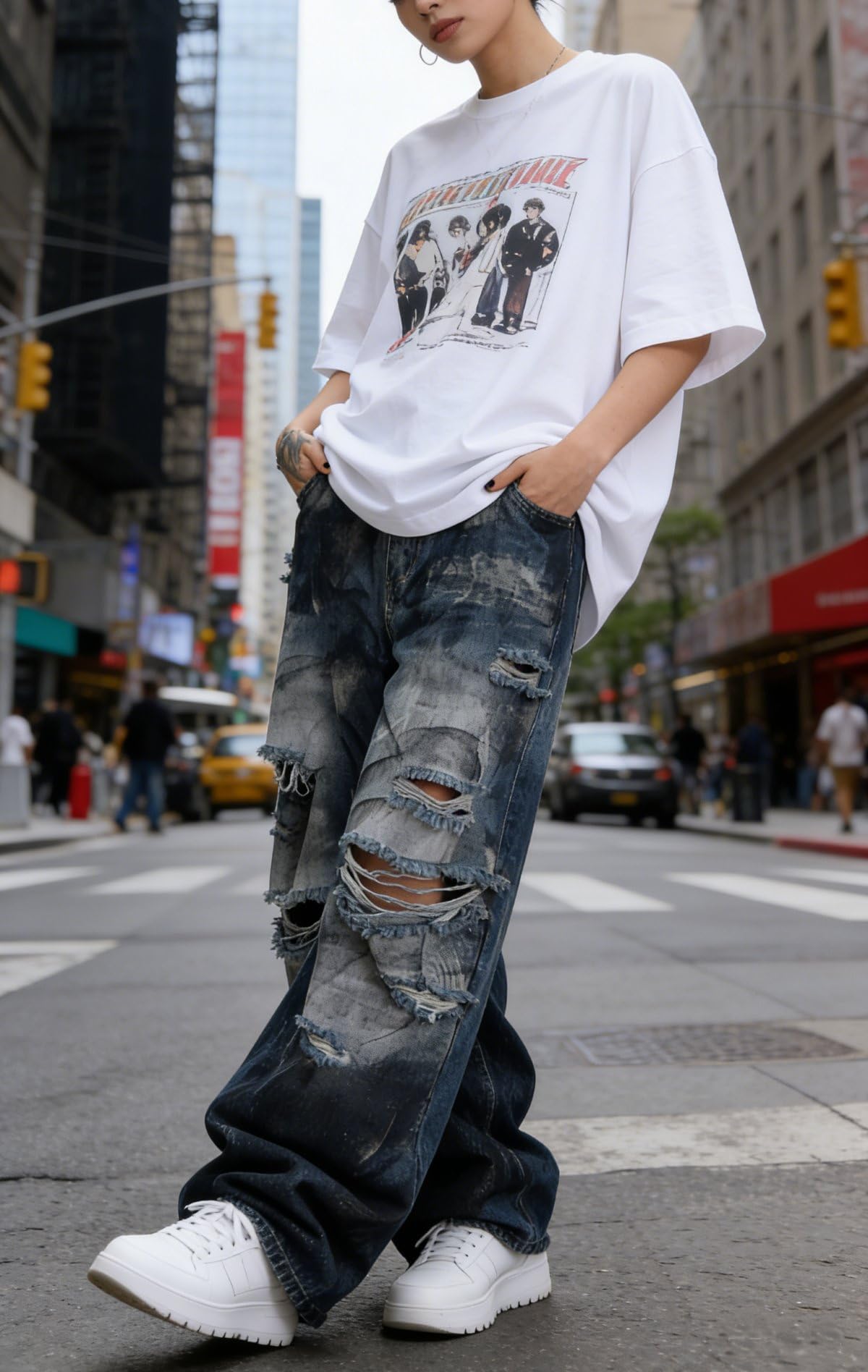 Jeans larghi unisex Y2K a gamba larga per uomo donna - Pantaloni streetwear in denim vintage lavato strappato