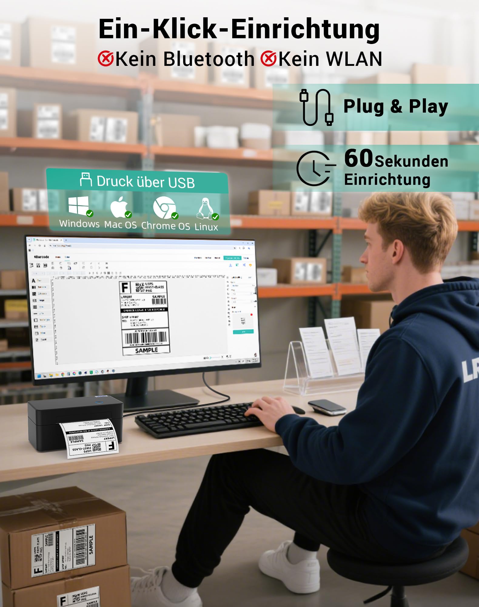 DB402 Etikettendrucker DHL - Thermodrucker USB für Shopify, Etsy, DHL, DPD, GLS, UPS, mit 20 Etiketten - 4x6 Versandetiketten Drucker Kompatibel mit Windows, Mac, Linux, Chromebook,Tiefschwarz