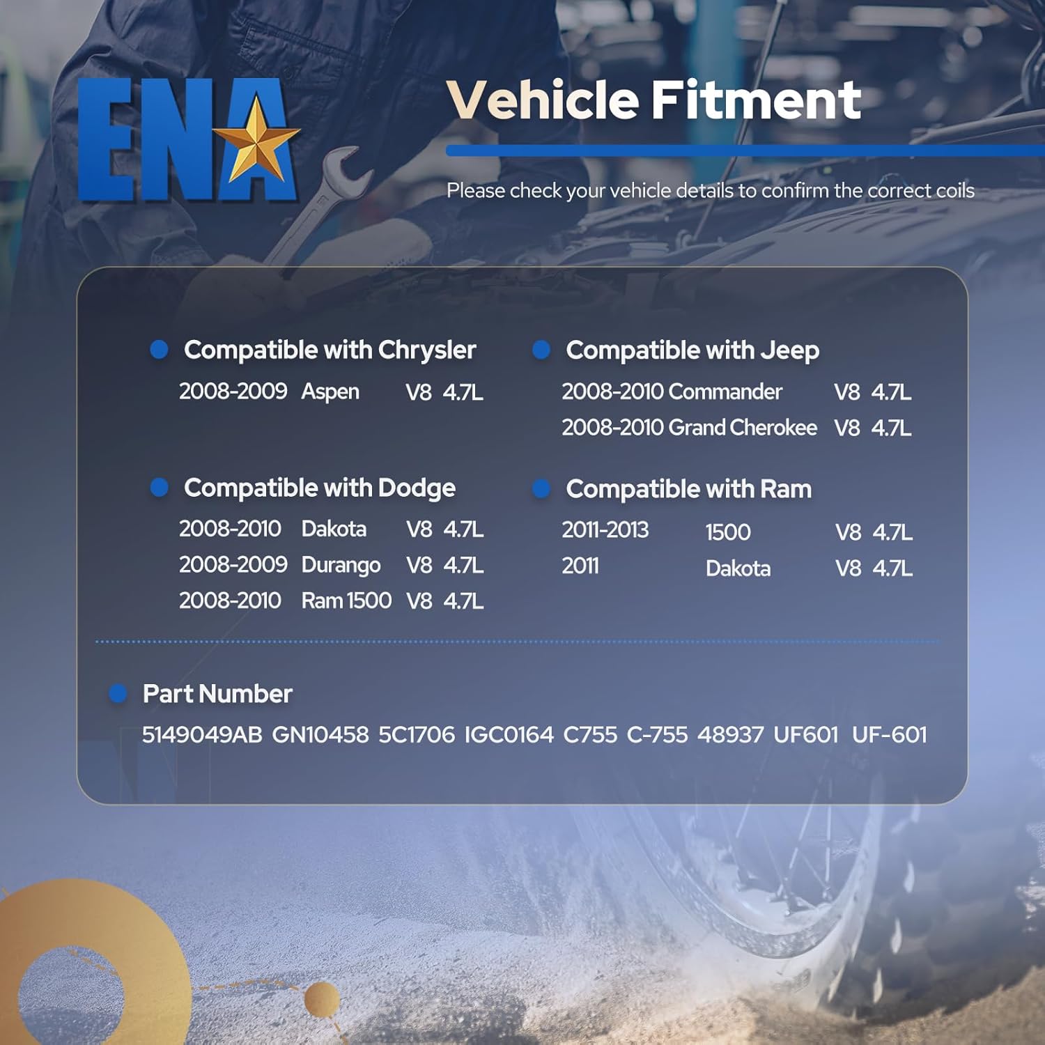 ENA Set of 8 Ignition Coil Pack Compatible with Dodge Jeep Ram Dakota Commander Grand Cherokee Aspen Durango 2008 2009 2010 2011 2012 2013 V8 4.7L Coils Replacement for UF601 5149049AB48937 GN10458