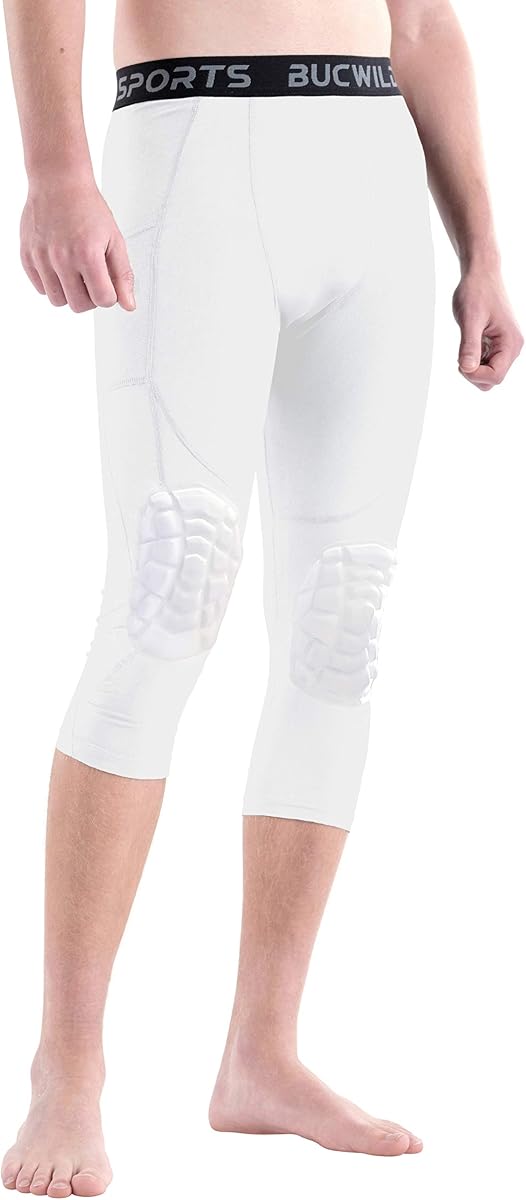 Bucwild Sports ¾ Compression Pants with Knee Pads for Youth Boys - Adult Men Padded Tights Basketball Wrestling Volleyball
