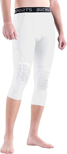 Bucwild Sports ¾ Pro Round Padded Compression Pants Tights Leggings Basketball Volleyball Wrestling Youth and Adult (Whit...