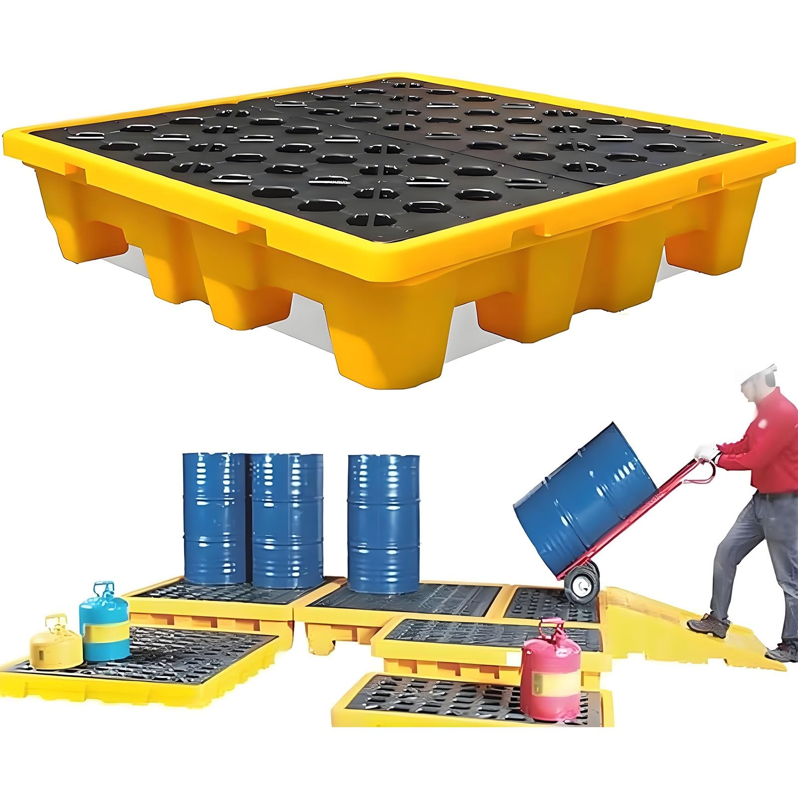 Plateau étanche et Anti-déversement avec Grille emboîtable, Plateforme de Stockage Industrielle en polyéthylène, adaptée aux garages, entrepôts et usines (120x67x17 cm).