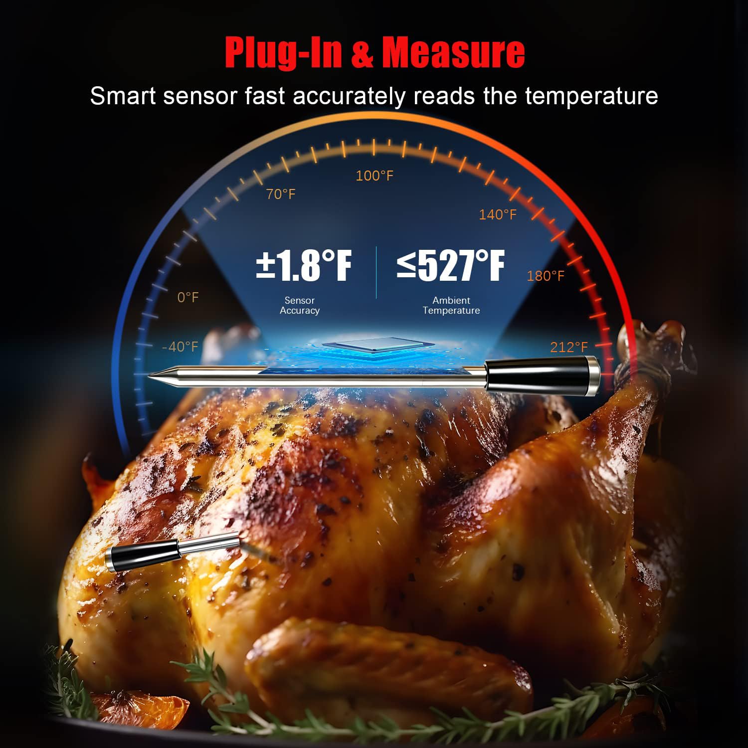 Termómetro de carne inalámbrico, Bluetooth con conexión a aplicación, pantalla LCD, IPX7, resistente al agua, termómetro para barbacoa, horno, barbacoa, cocina
