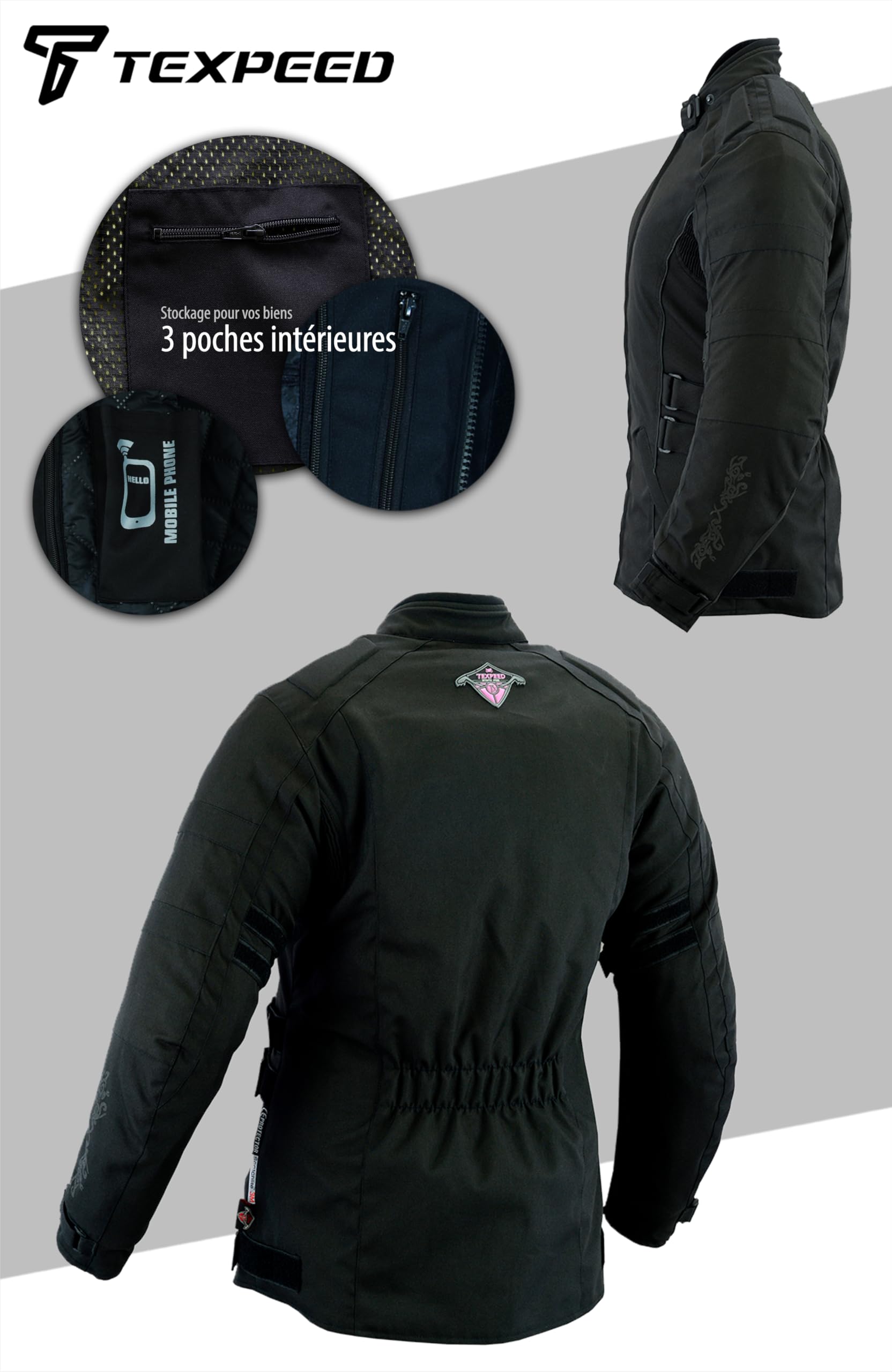 Texpeed Veste moto femme homologué - Longue manteau blouson en cordura textile imperméable pour femme avec armure de moto CE (EN 1621-1) Noir - 5XL