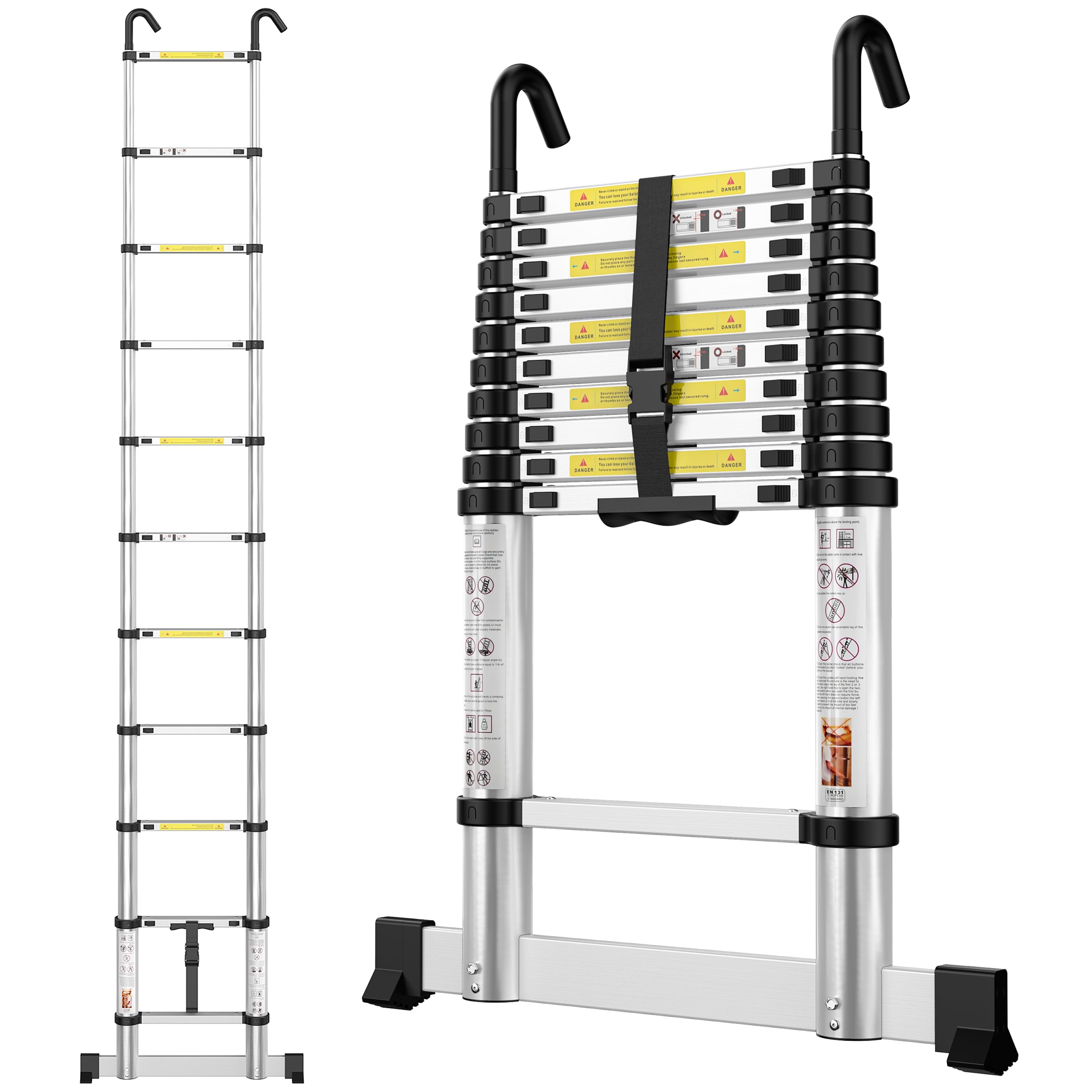 Telescopic Ladder 3.19M Aluminium Extension Loft Ladder with Detachable Hooks, Multi Purpose Extendable Portable Ladders