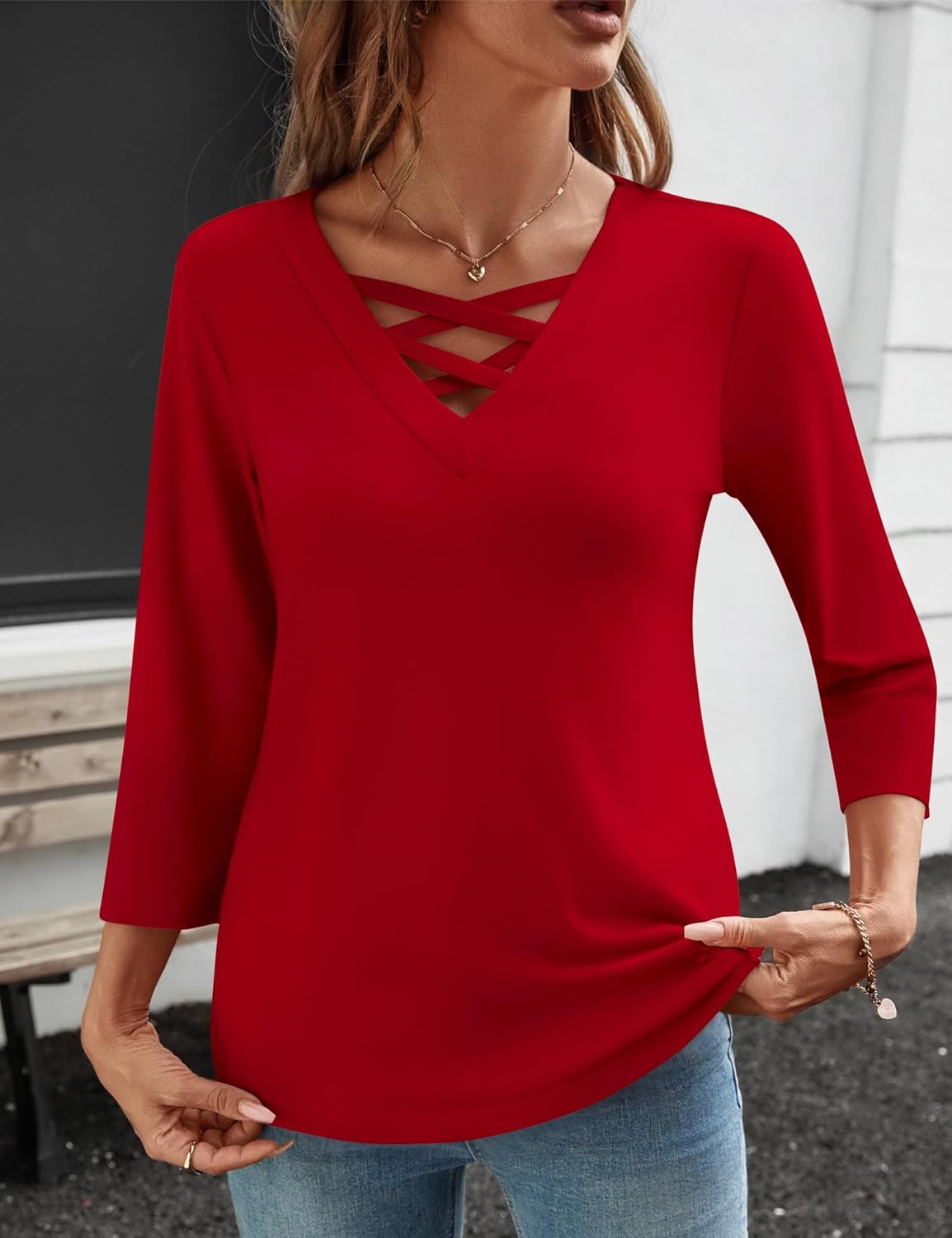 Rapbin Women Blouses Dressy Casual Spring Tops 3/4 Length Sleeve Womens T Shirts V Neck Criss Cross Tees - Image 4