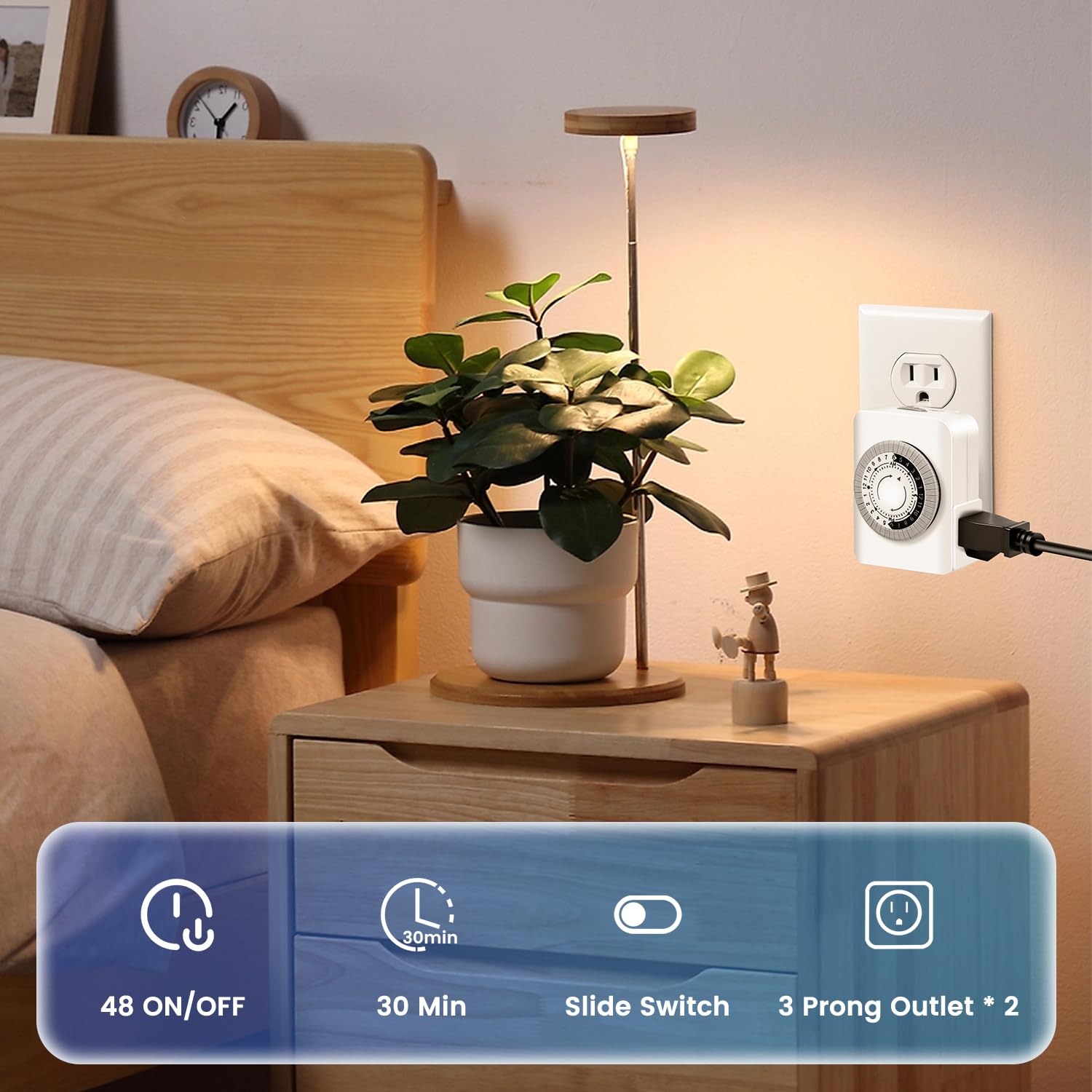 Minuteur de prise, minuteur pour prises d'intérieur avec double prise à 3 broches, cycle marche/arrêt quotidien de 24 heures et 30 minutes, minuterie mécanique enfichable pour