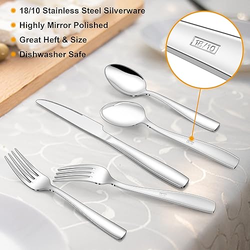 Miniatura 2 de LIANYU Juego de cubiertos de acero inoxidable 1810 para 12, juego de cubiertos modernos de 60 piezas, utensilios cuadrados elegantes, tenedores,