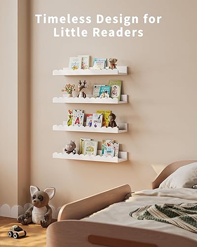 Vista 6 de Shario Estantes para libros de guardería, paquete de 4 estantes flotantes blancos para pared de niños, estantes festoneados, estantes de pared