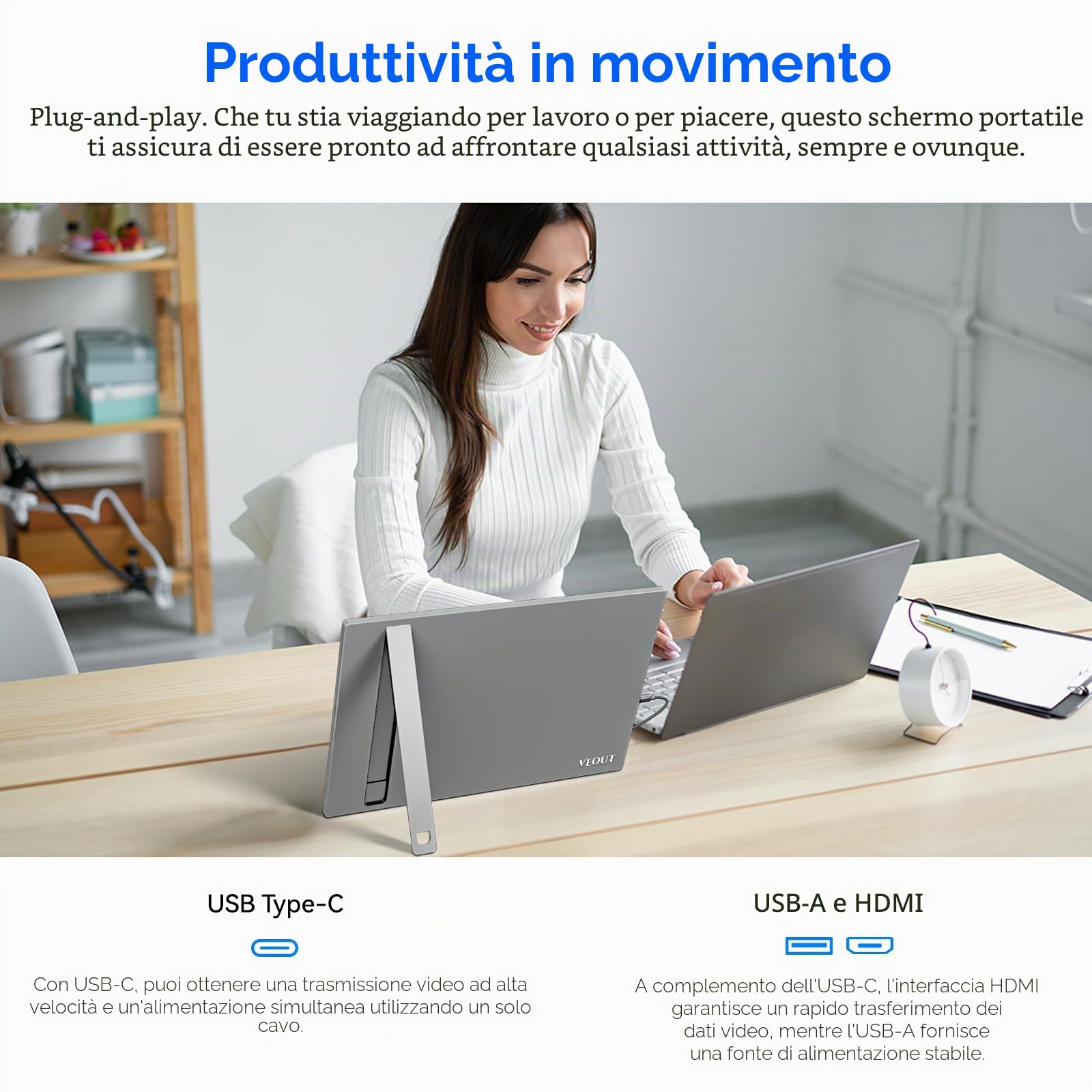 Veout Monitor portatile da 16" monitor per laptop IPS 1920 x 1200P con connettore USB - C monitor per gaming con FreeSync e HDMI dotato di un piedino regolabile disponibile