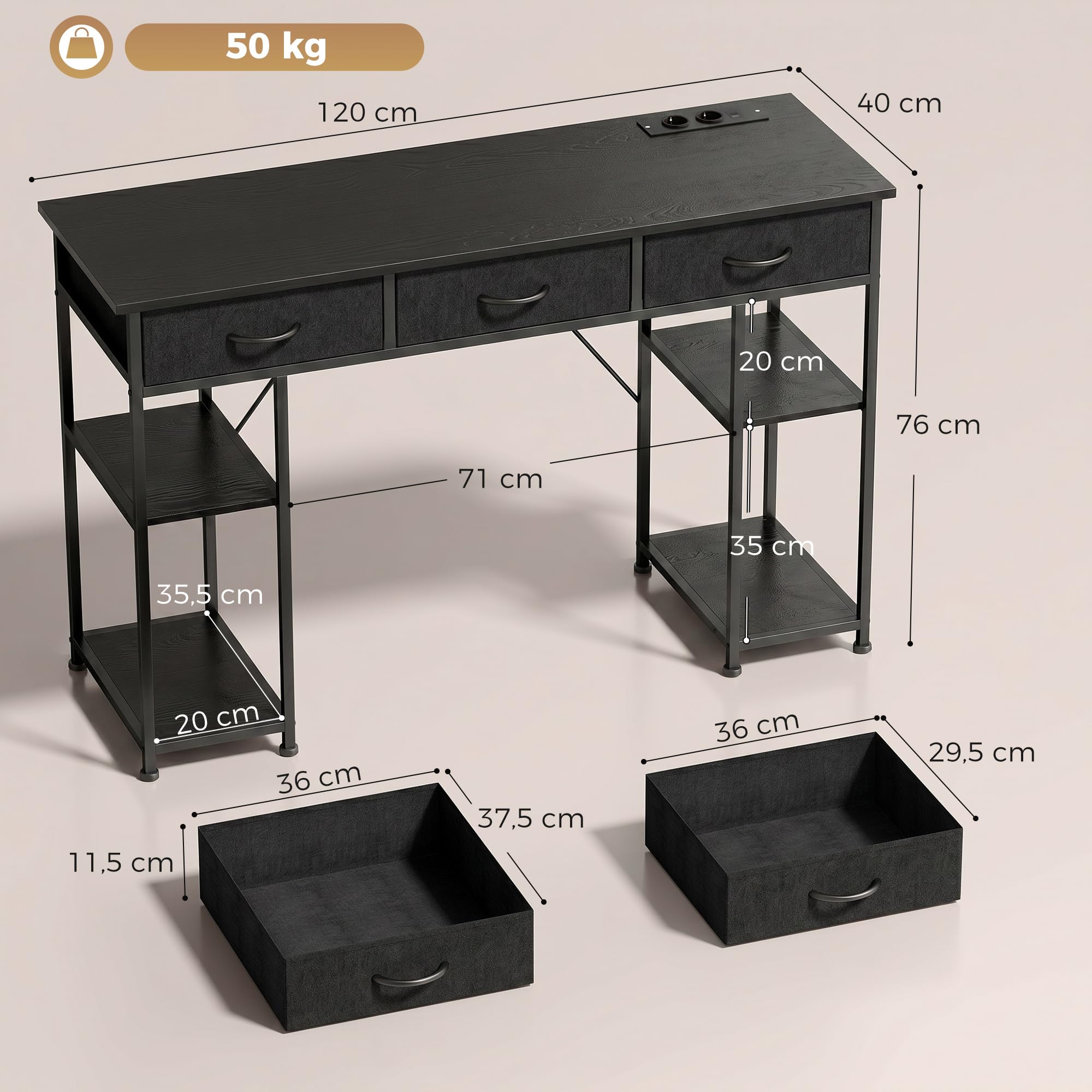 HOMCOM Scrivania per computer con 2 prese di ricarica USB e 2 prese di corrente, scrivania con deposito 120 x 40 cm, ripiani regolabili e 3 cassetti in tessuto, postazione di lavoro, telaio in acciaio
