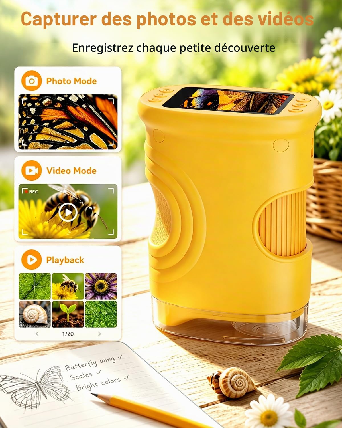 Microscope Numérique Portable pour Enfants avec Écran IPS 2.0 Pouces, Rechargeable, Stockage de Photos Intégré, 200X Mini Scope de Poche Cadeaux Éducatifs pour 4-12 Ans - Orange