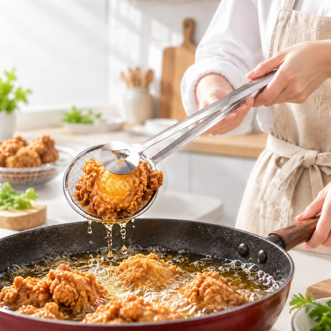 Stainless Steel Strainer Tongs, Food Lifting and Draining Utensil for Frying and Serving Meals in Home Kitchens