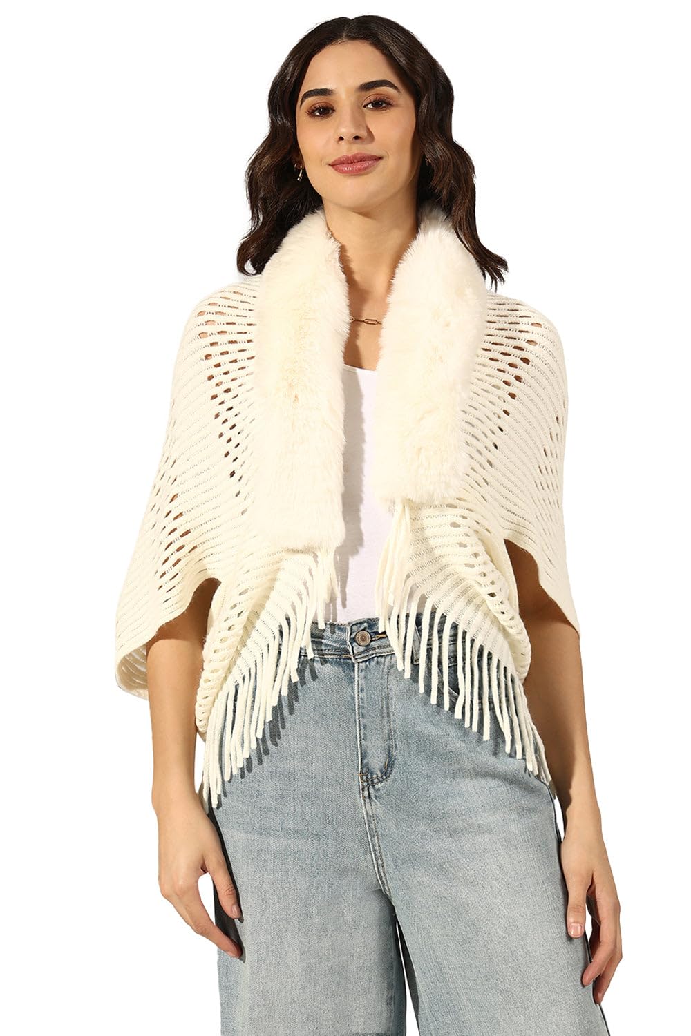 showoffff Women Solid Poncho | V Neck 3/4th Sleeves Wool Poncho's for Womens | Regular Fit Regular Length Poncho for Women's Cream-M-picture-13