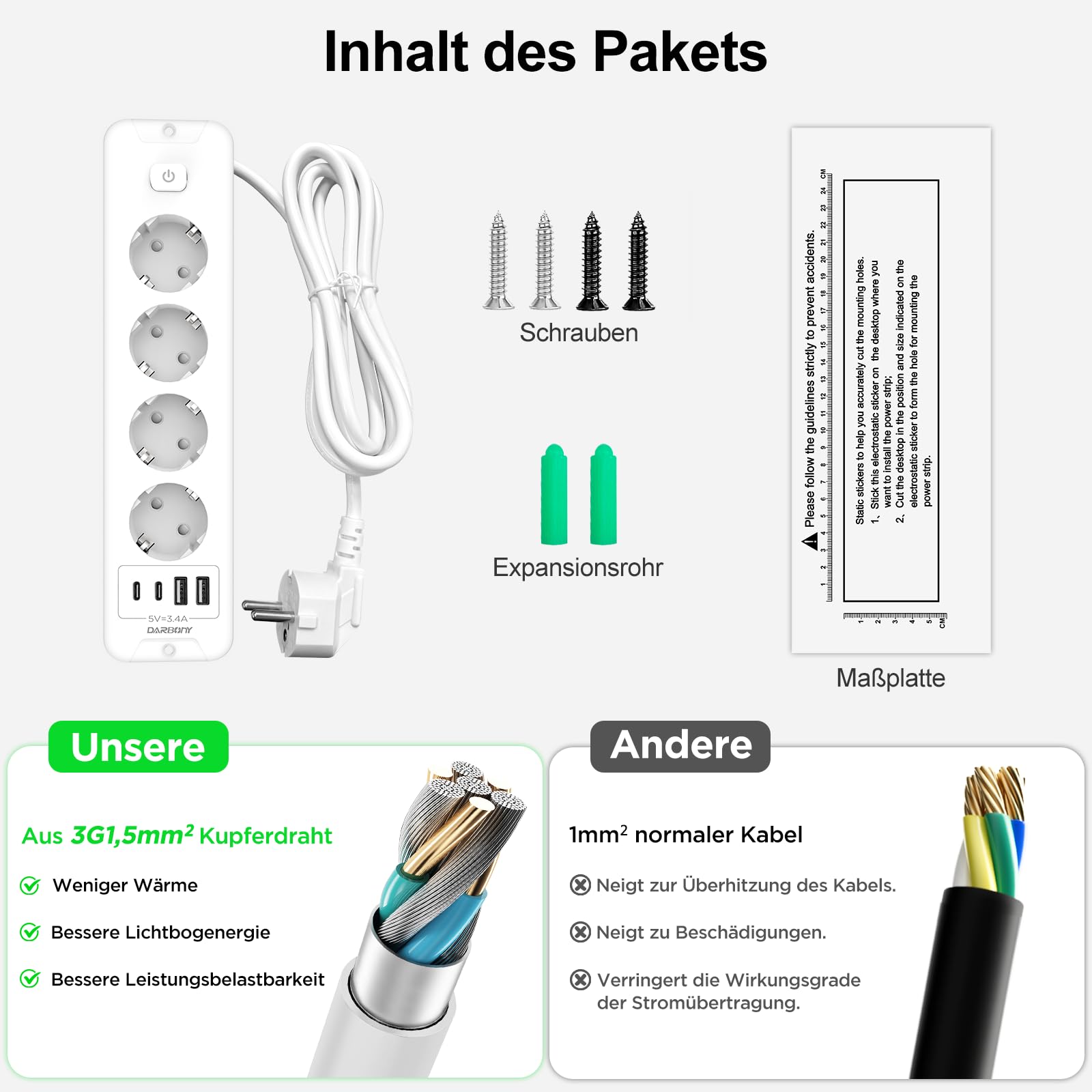 Tafelstopcontact, stekkerdoos met 2 USB-C, 4-voudig inbouwstopcontact, tafelblad, 4000 W, 16 A stopcontact, inschuifbaar, meervoudig stopcontact, verdelerstopcontact voor werkblad, thuis, kantoor, 2 m