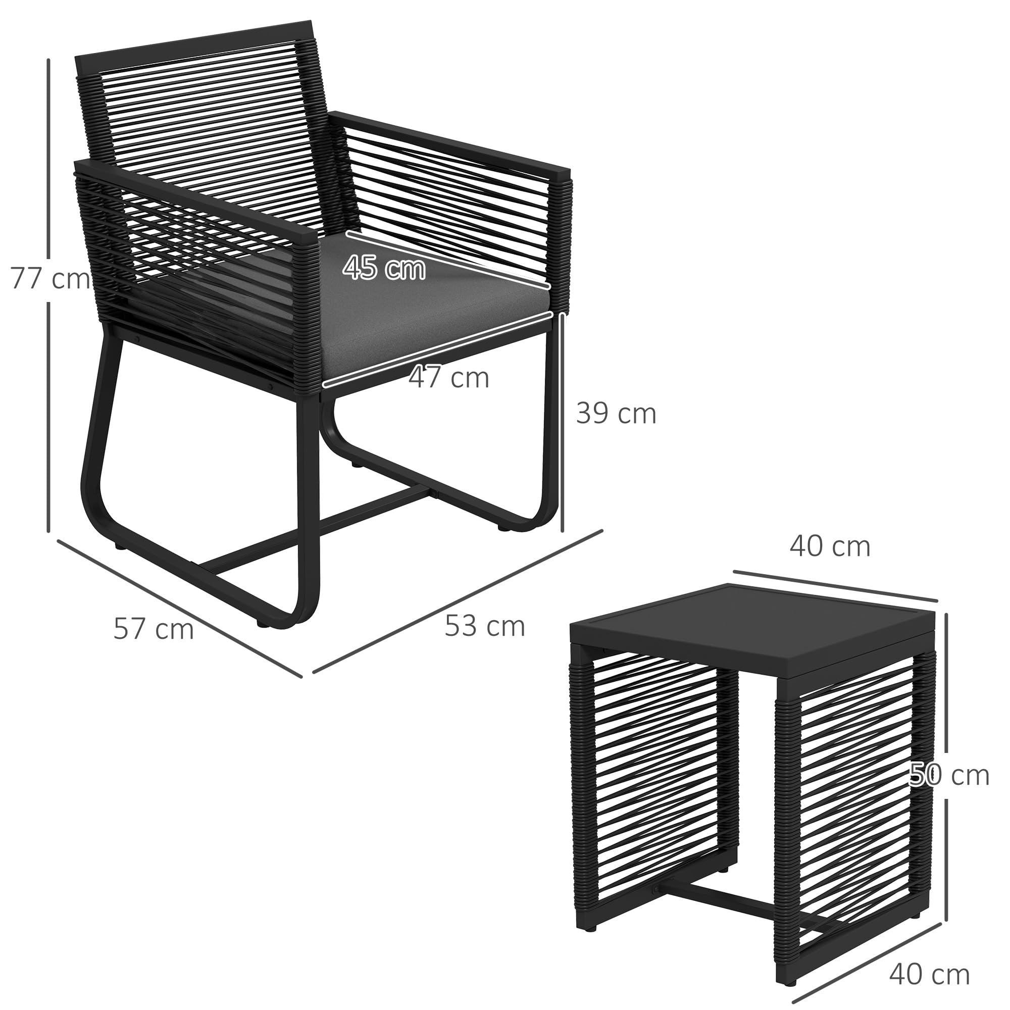 Outsunny 3-teiliges Rattan Gartenmöbel-Set Sitzgruppe Gartengarnitur mit 2 Gartenstühlen, Beistelltisch mit Hartglasplatte, inklusive Kissen, ideal für Balkon, Schwarz