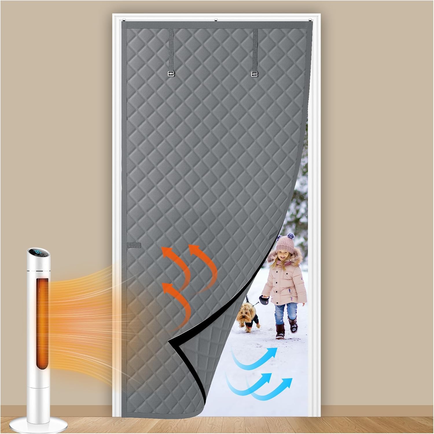 fowong Einfacher Wärmeschutzvorhang für Türen 110x220cm, Neu Vollständiger Thermo Isoliert– Praktisch aufgerollt mit Bindeband,|Winddicht und Energiesparend | Kälteschutz im Winter, Grau